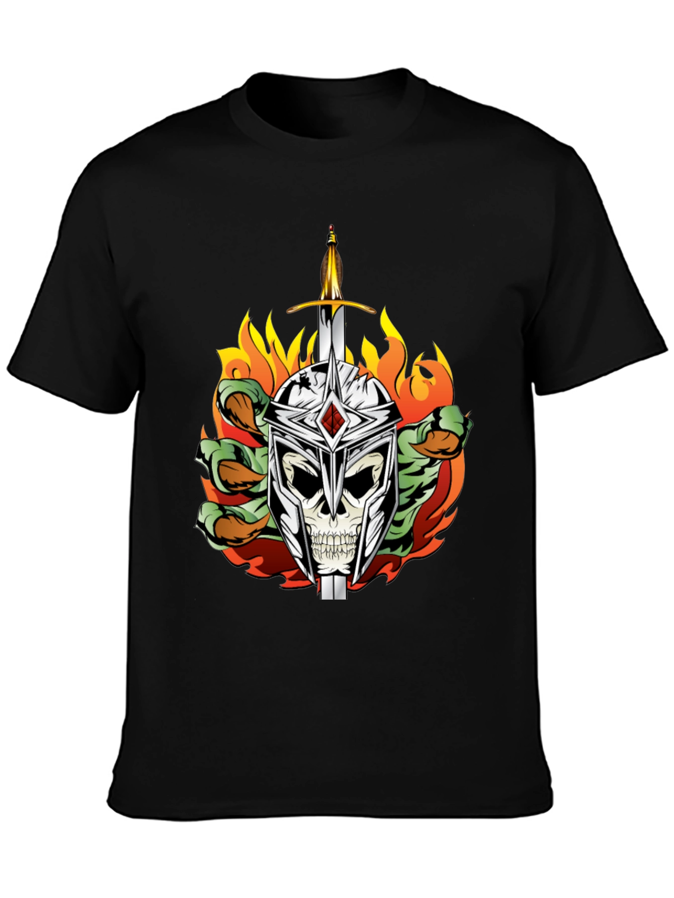 Skull Knight Sword Flames Graphic Tee