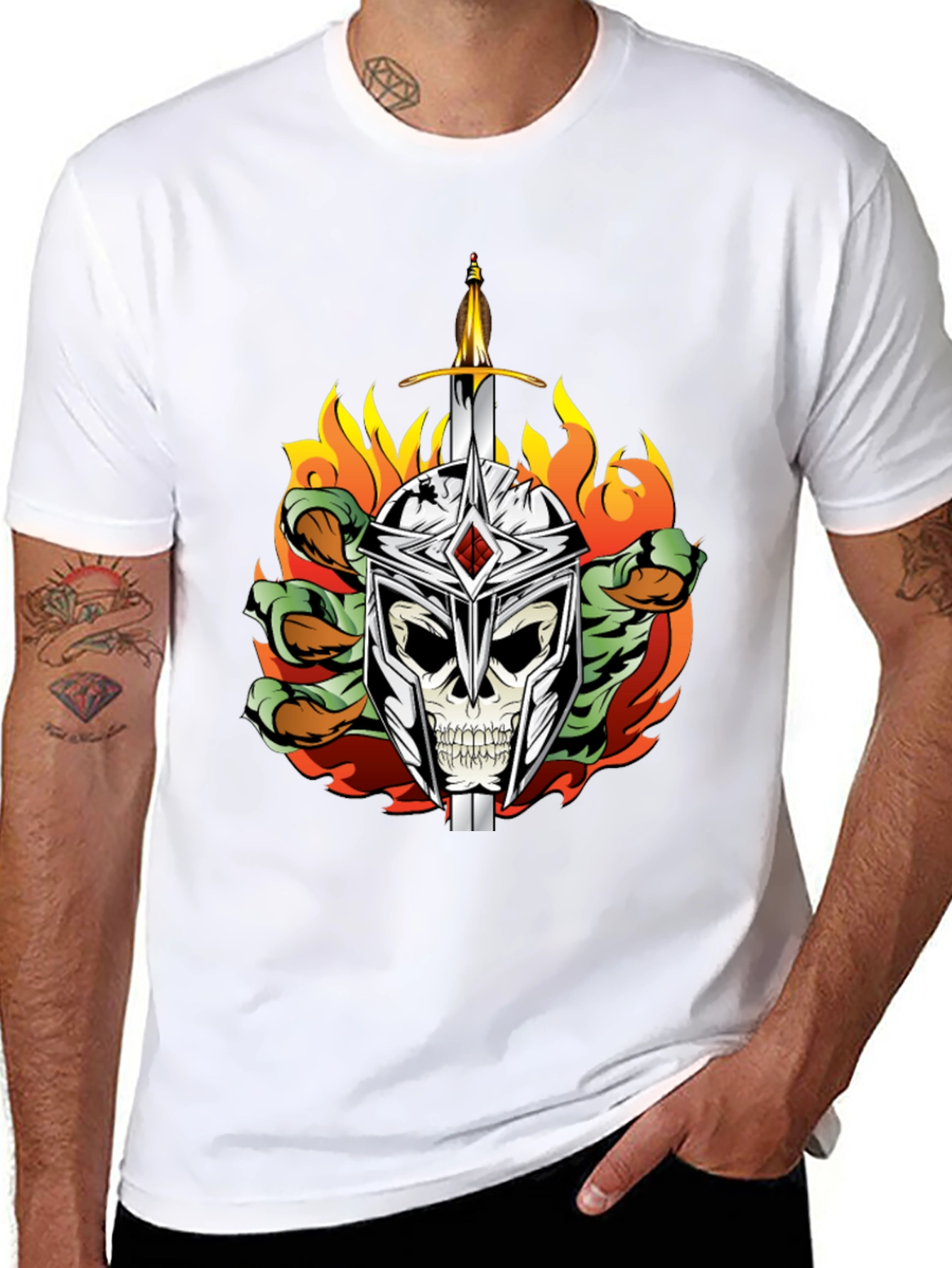 Skull Knight Sword Flames Graphic Tee