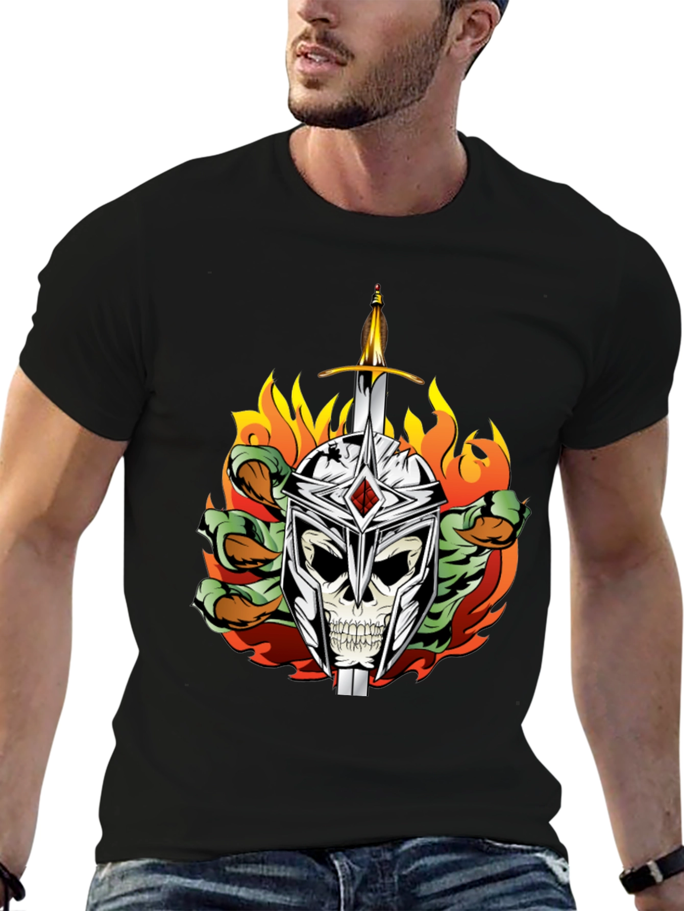 Skull Knight Sword Flames Graphic Tee