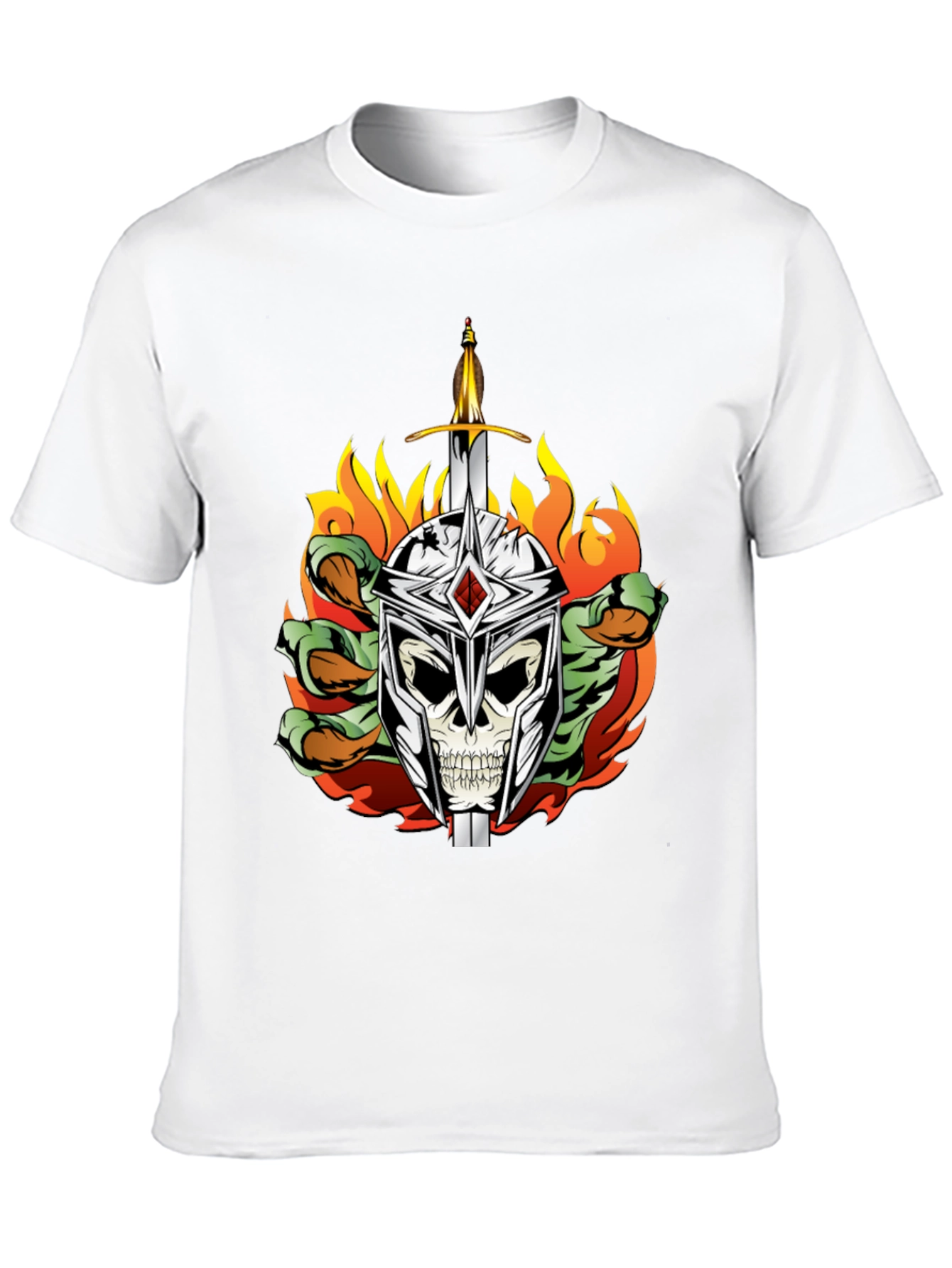 Skull Knight Sword Flames Graphic Tee
