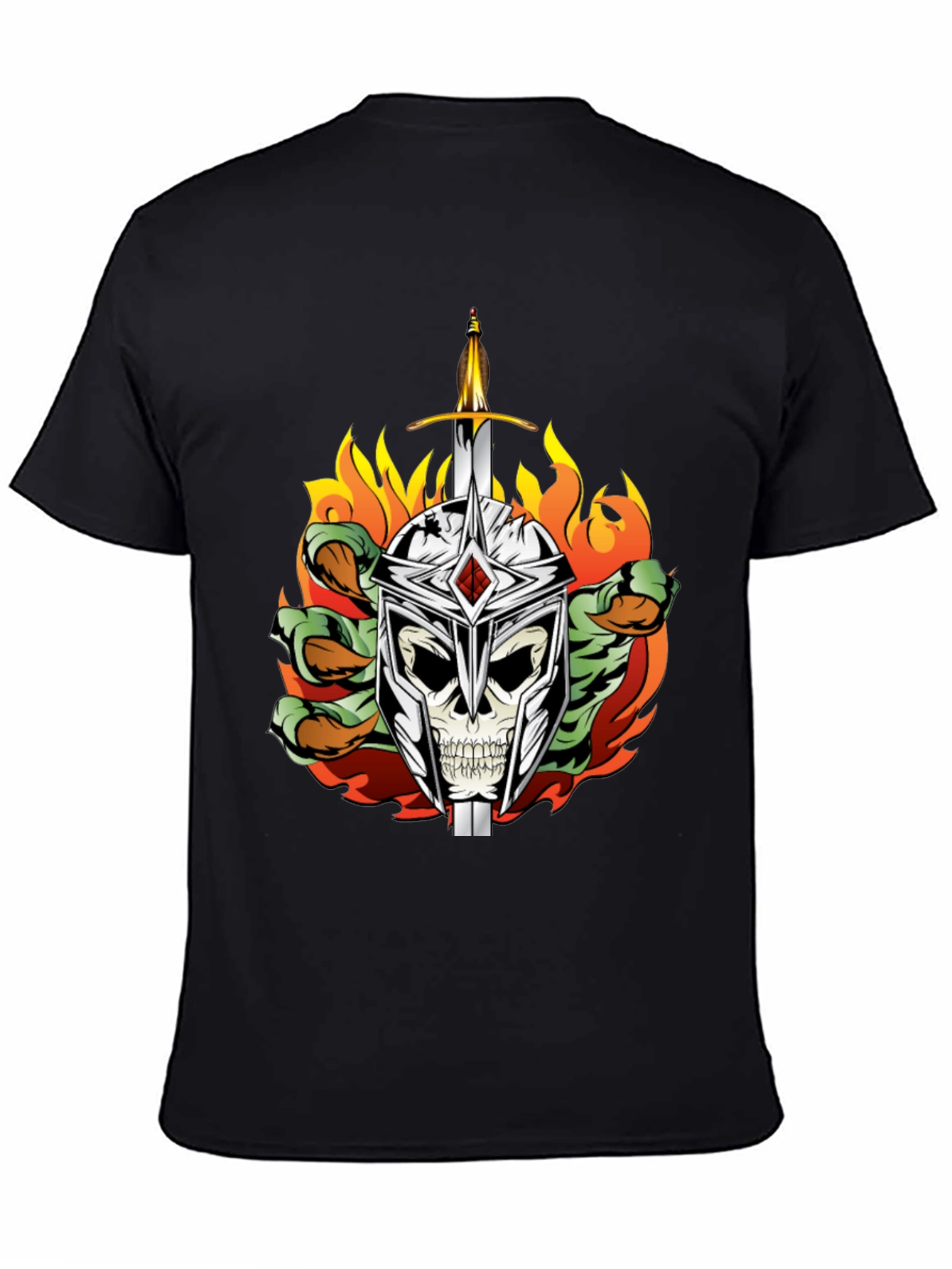Skull Knight Sword Flames Graphic Tee
