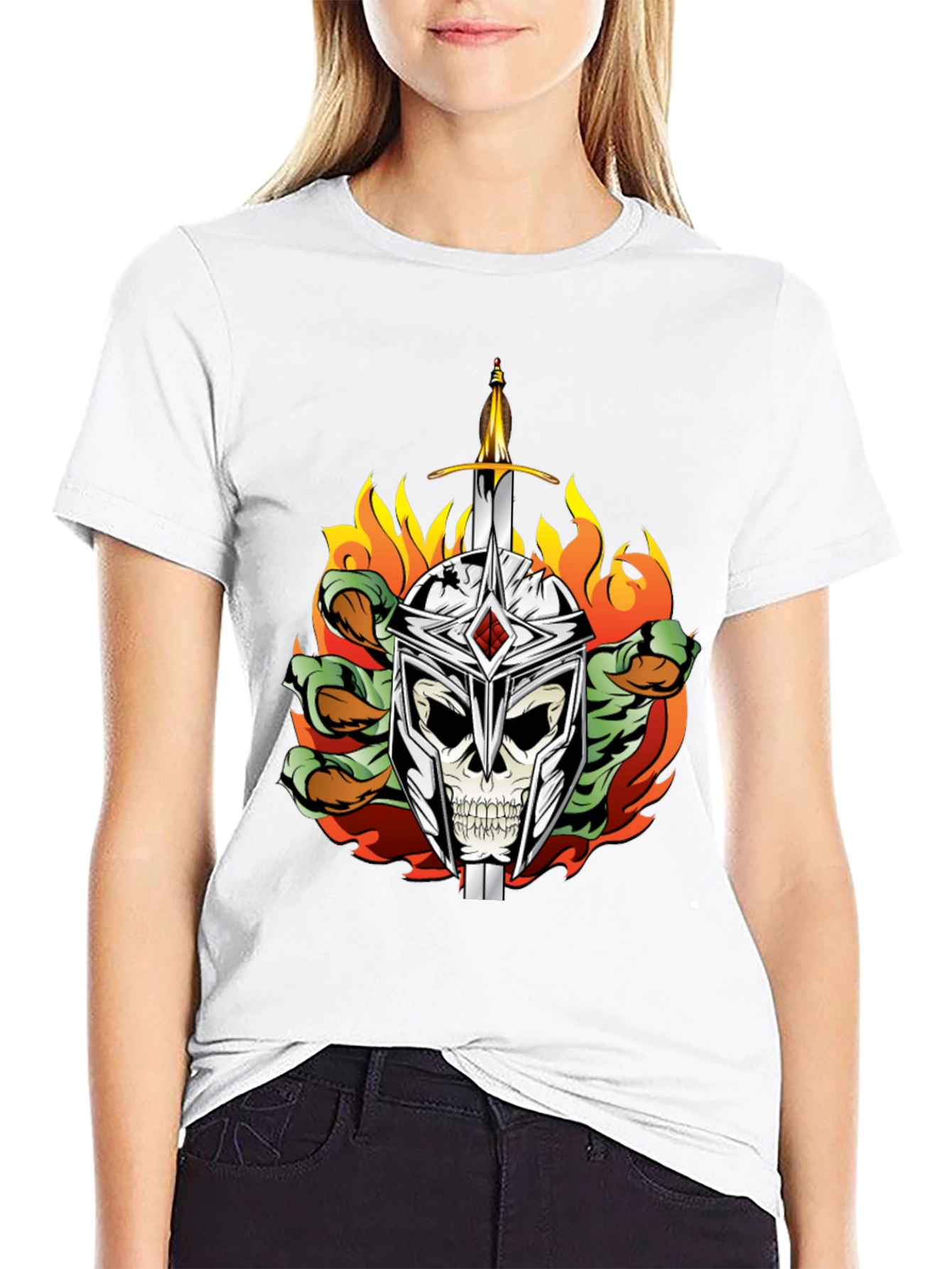 Skull Knight Sword Flames Graphic Tee