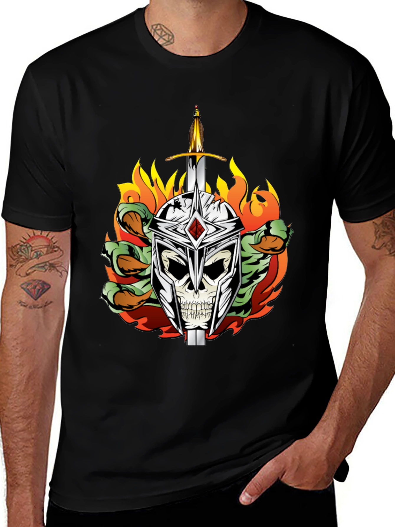 Skull Knight Sword Flames Graphic Tee