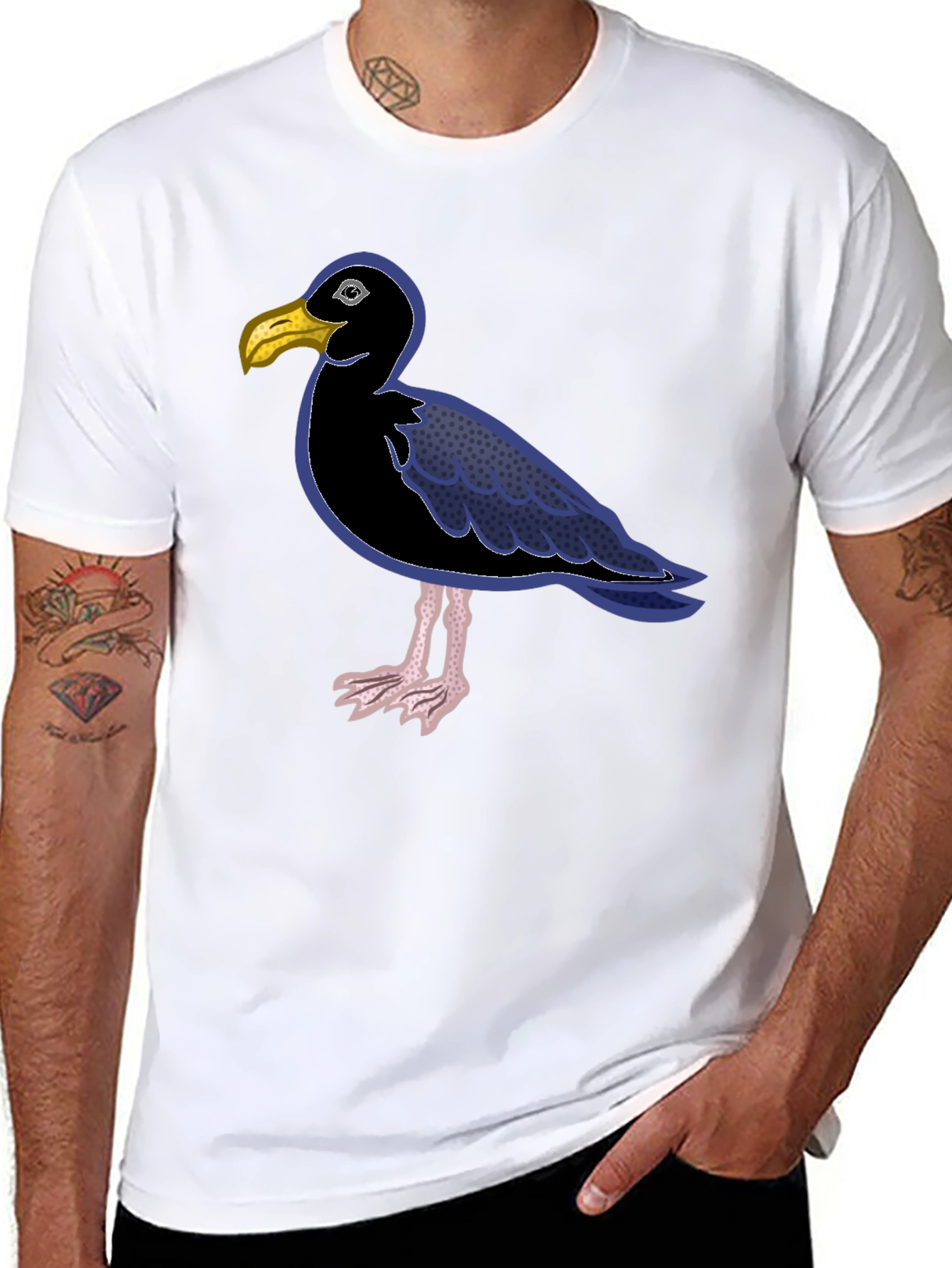 Black T-Shirt with Cartoon Seagull Design