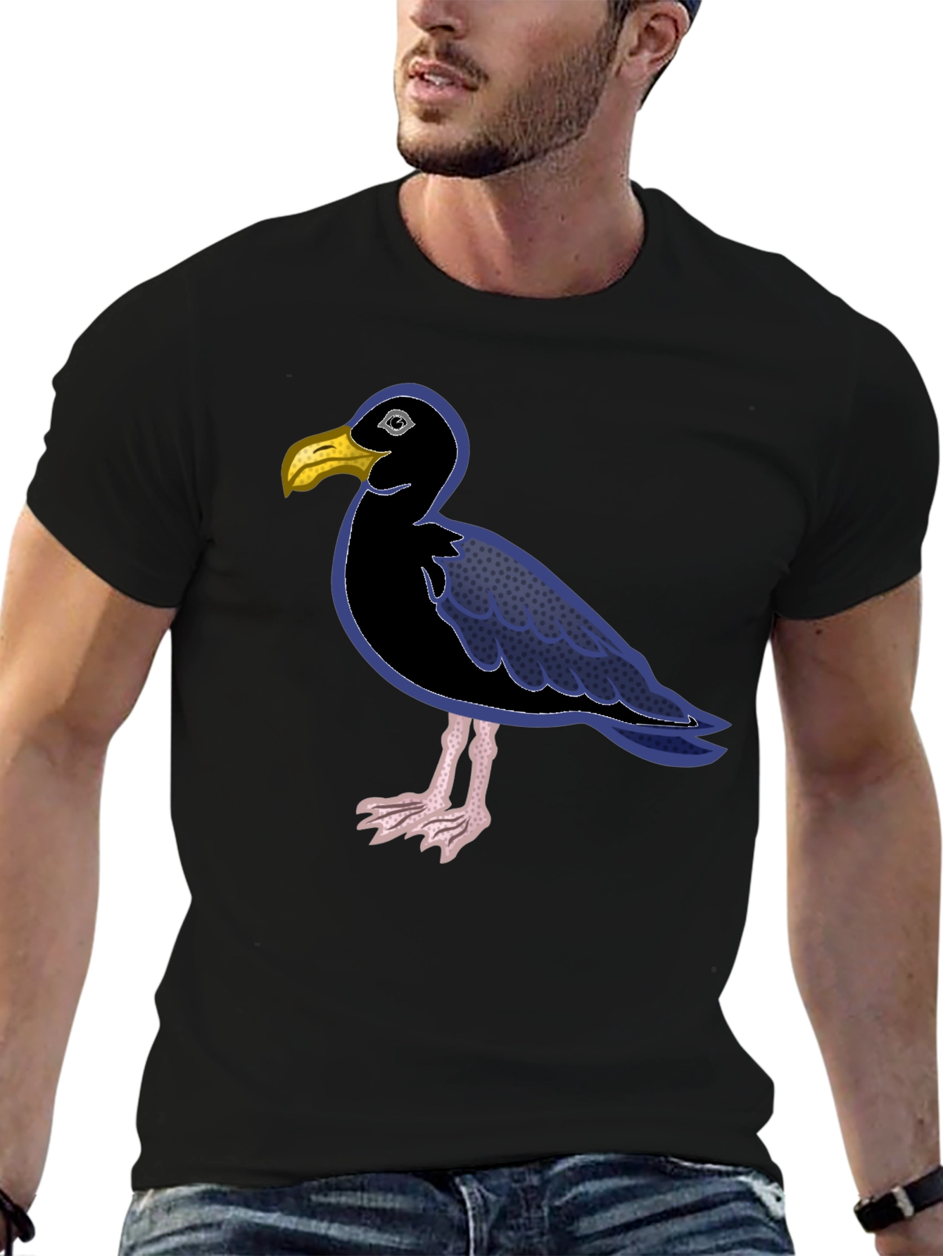 Black T-Shirt with Cartoon Seagull Design