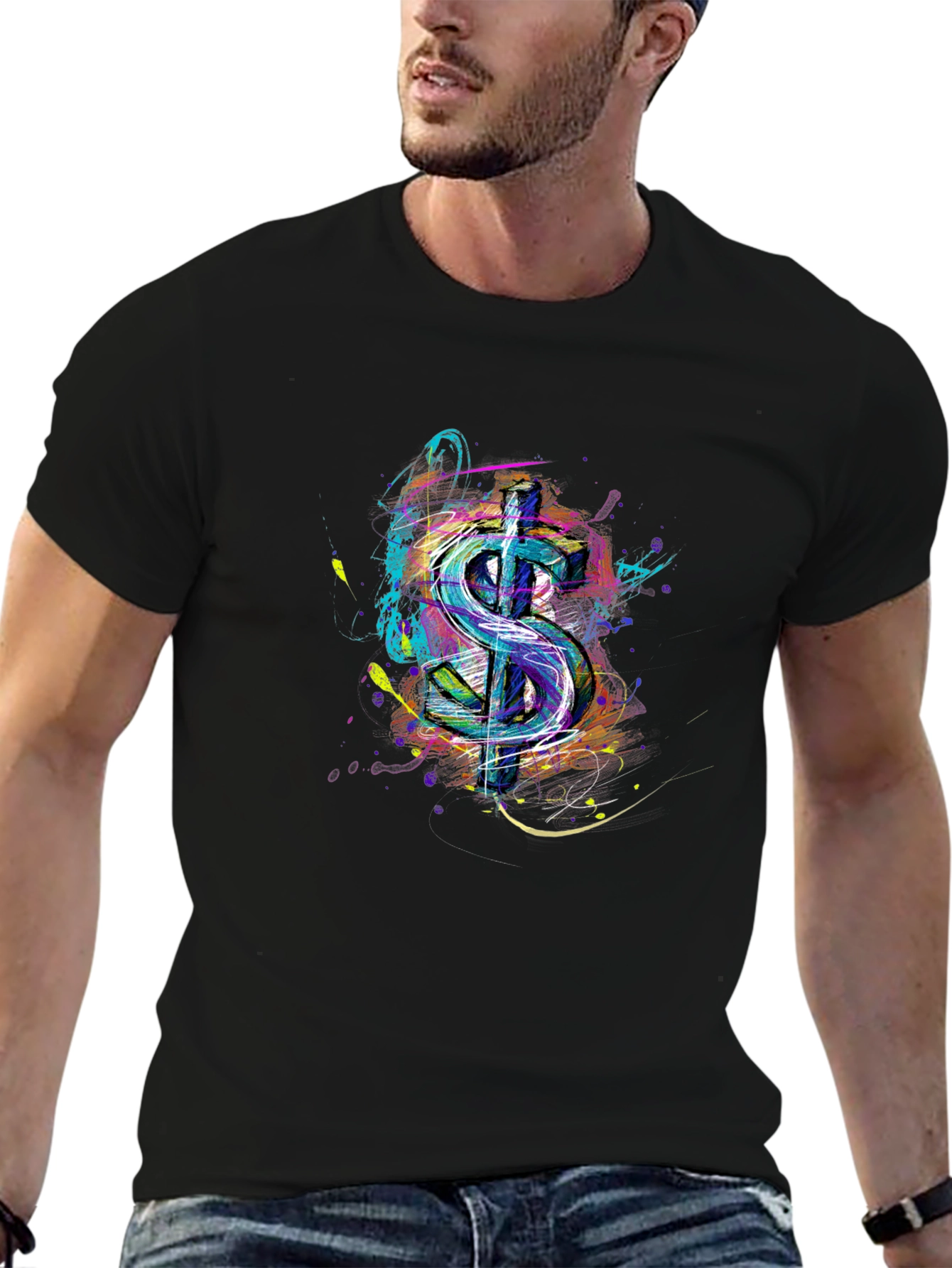Abstract Dollar Sign Graphic Print Mens Black T-Shirt