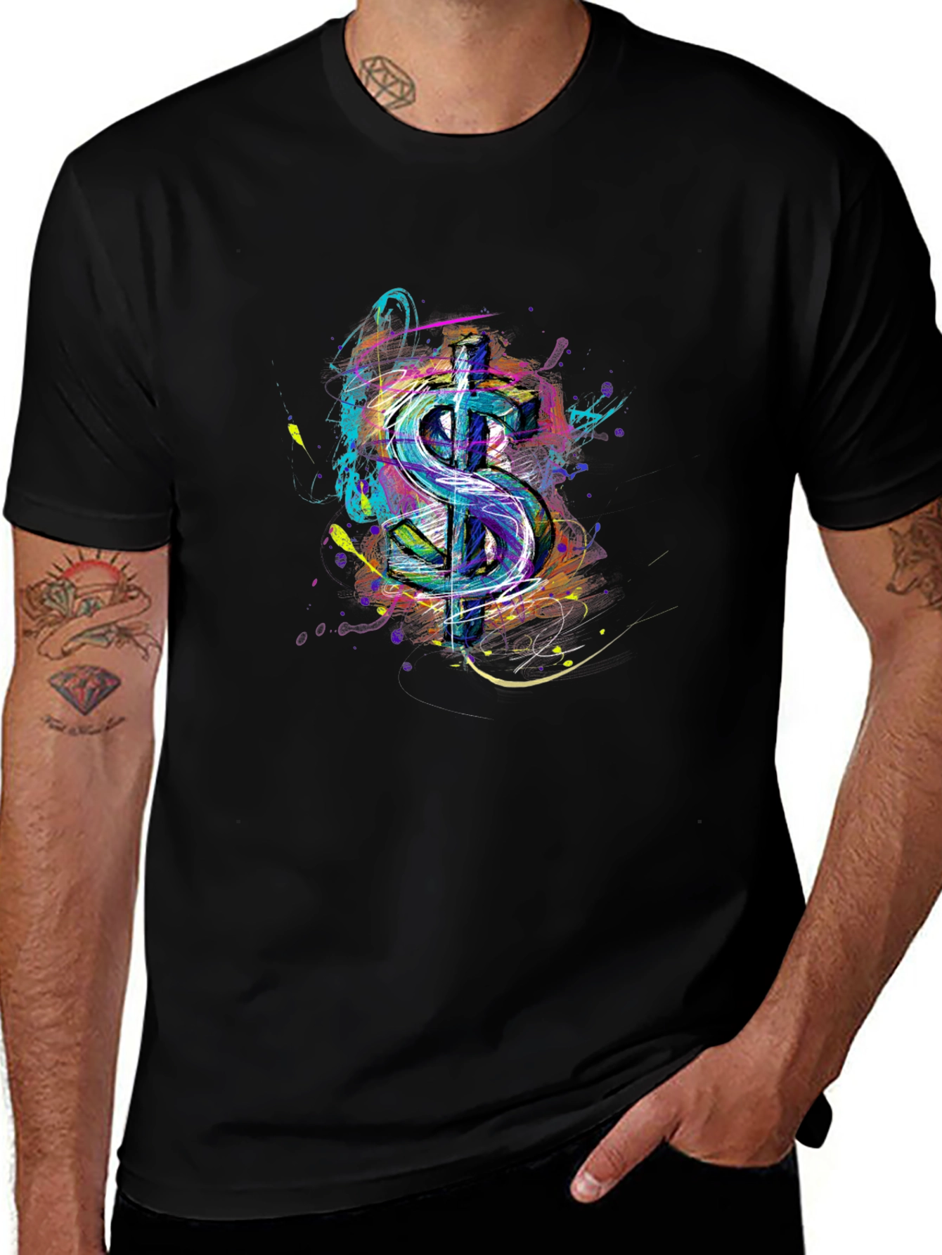 Abstract Dollar Sign Graphic Print Mens Black T-Shirt