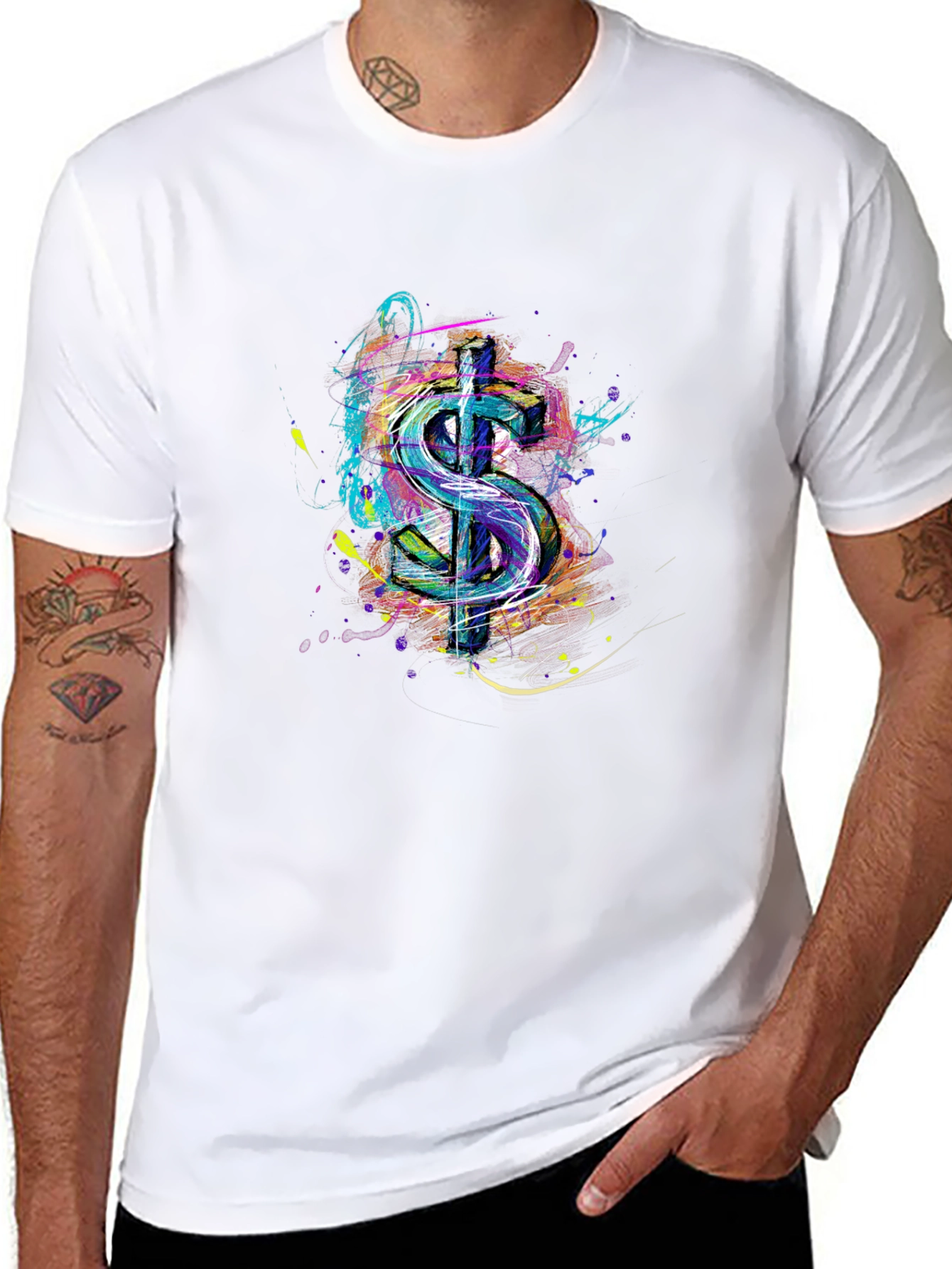 Abstract Dollar Sign Graphic Print Mens Black T-Shirt