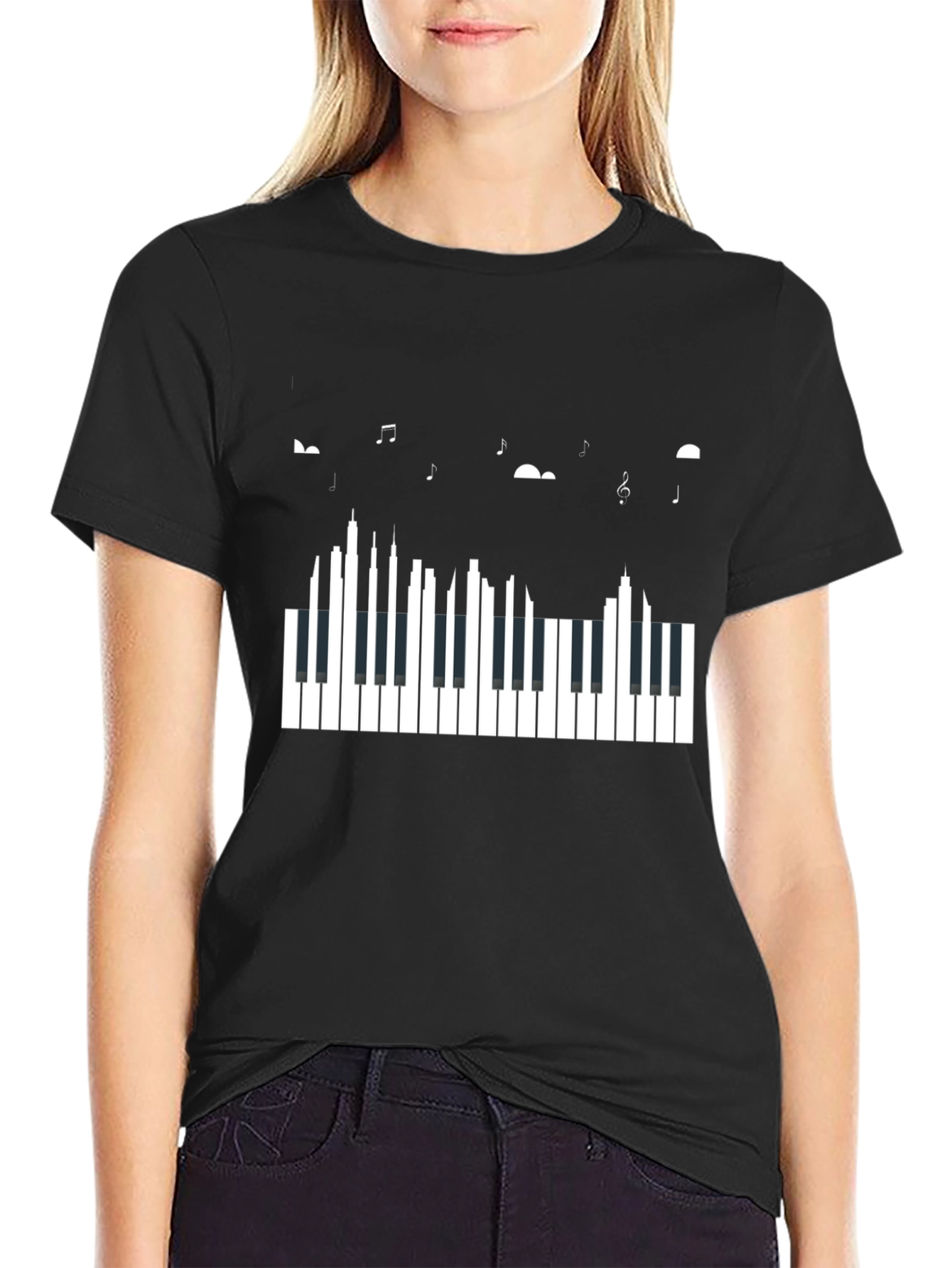 Piano Keys & Music Notes Black Graphic Tee