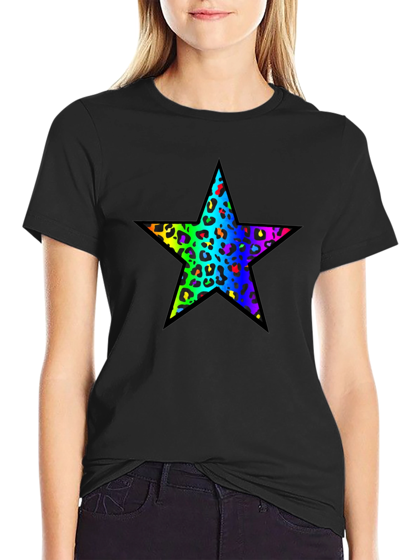 Rainbow Leopard Star Black T-Shirt