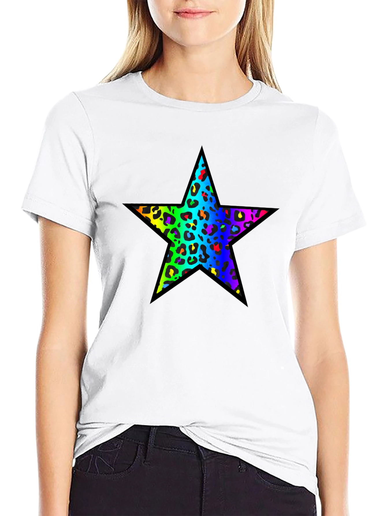 Rainbow Leopard Star Black T-Shirt