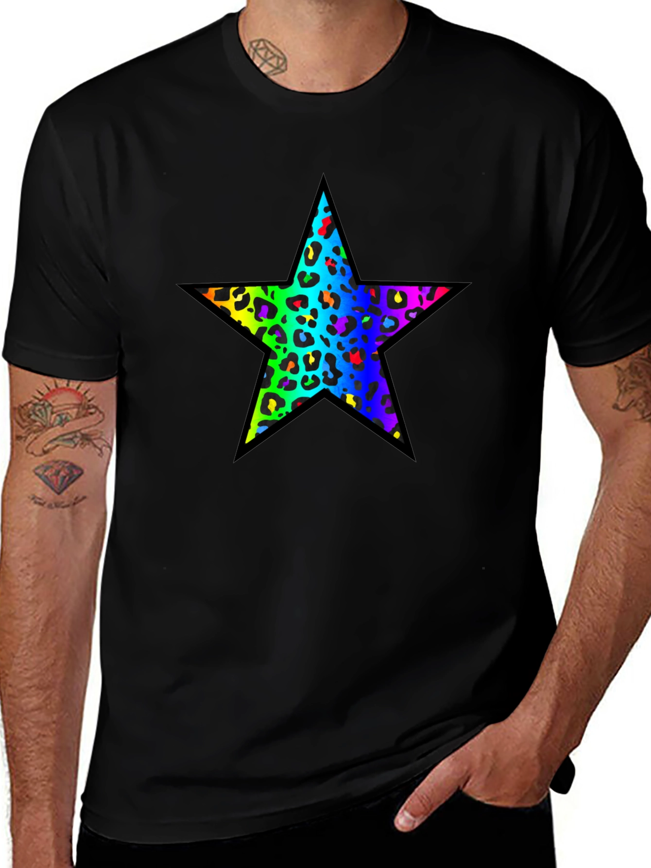 Rainbow Leopard Star Black T-Shirt