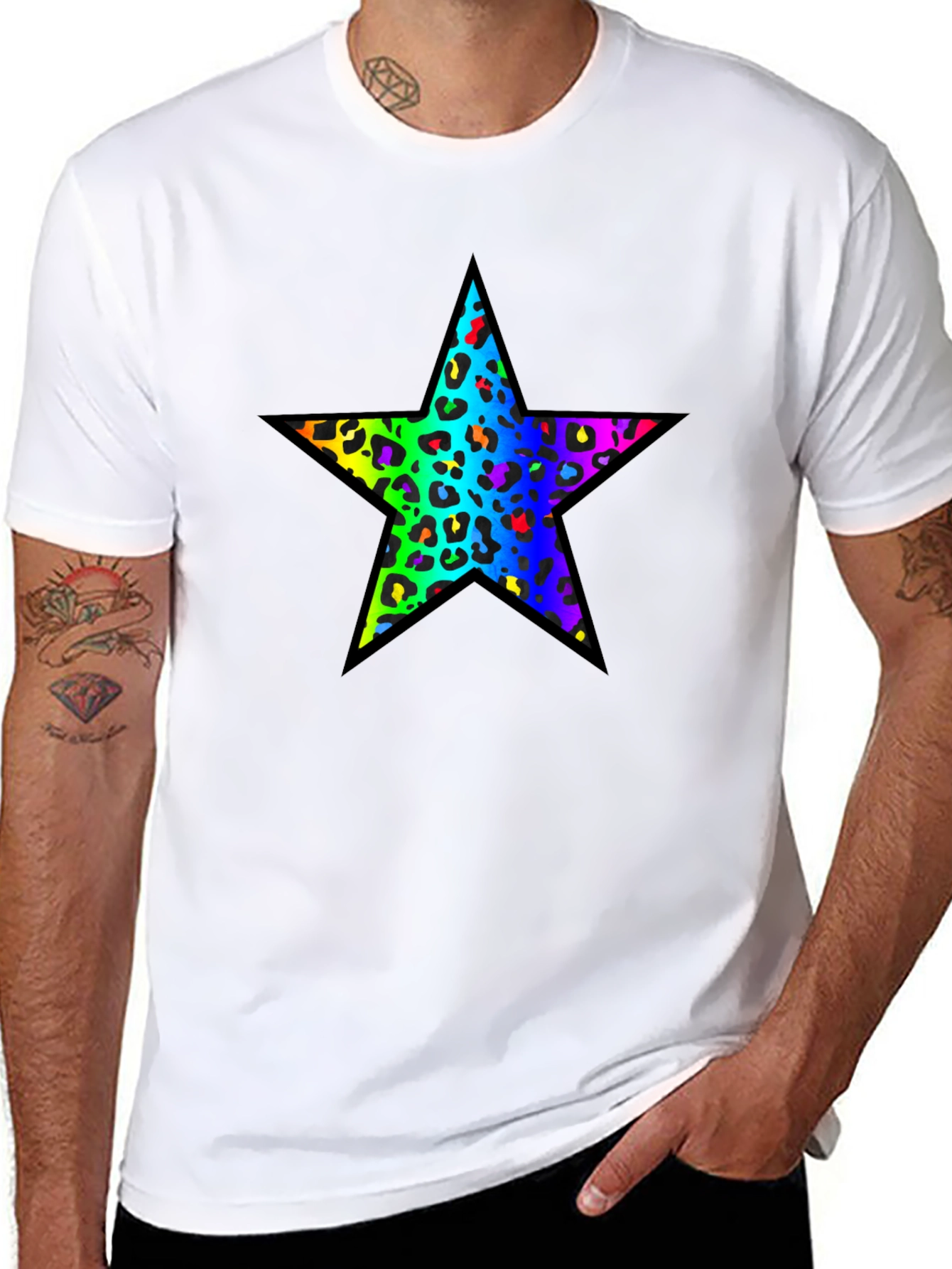 Rainbow Leopard Star Black T-Shirt
