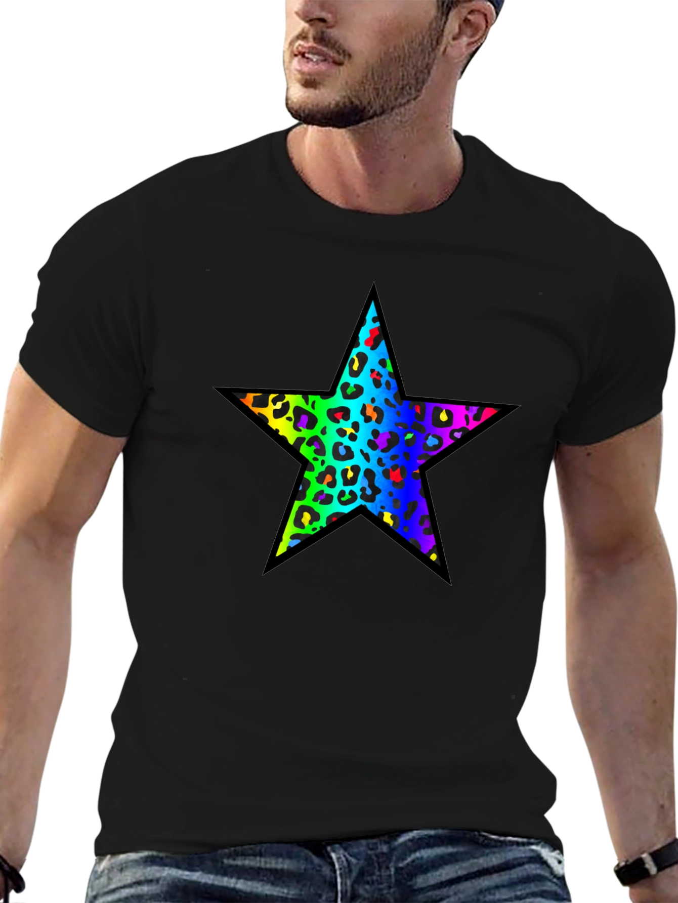 Rainbow Leopard Star Black T-Shirt