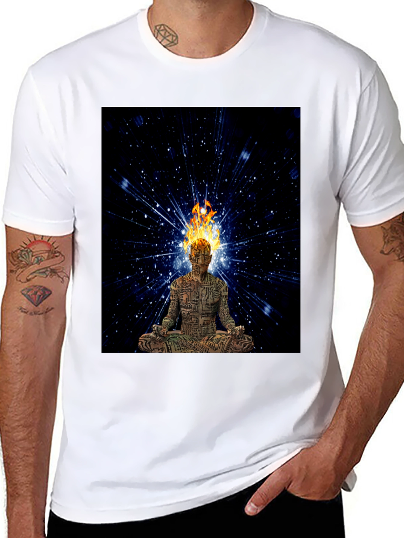 Meditating Fire Head Man Black T-Shirt