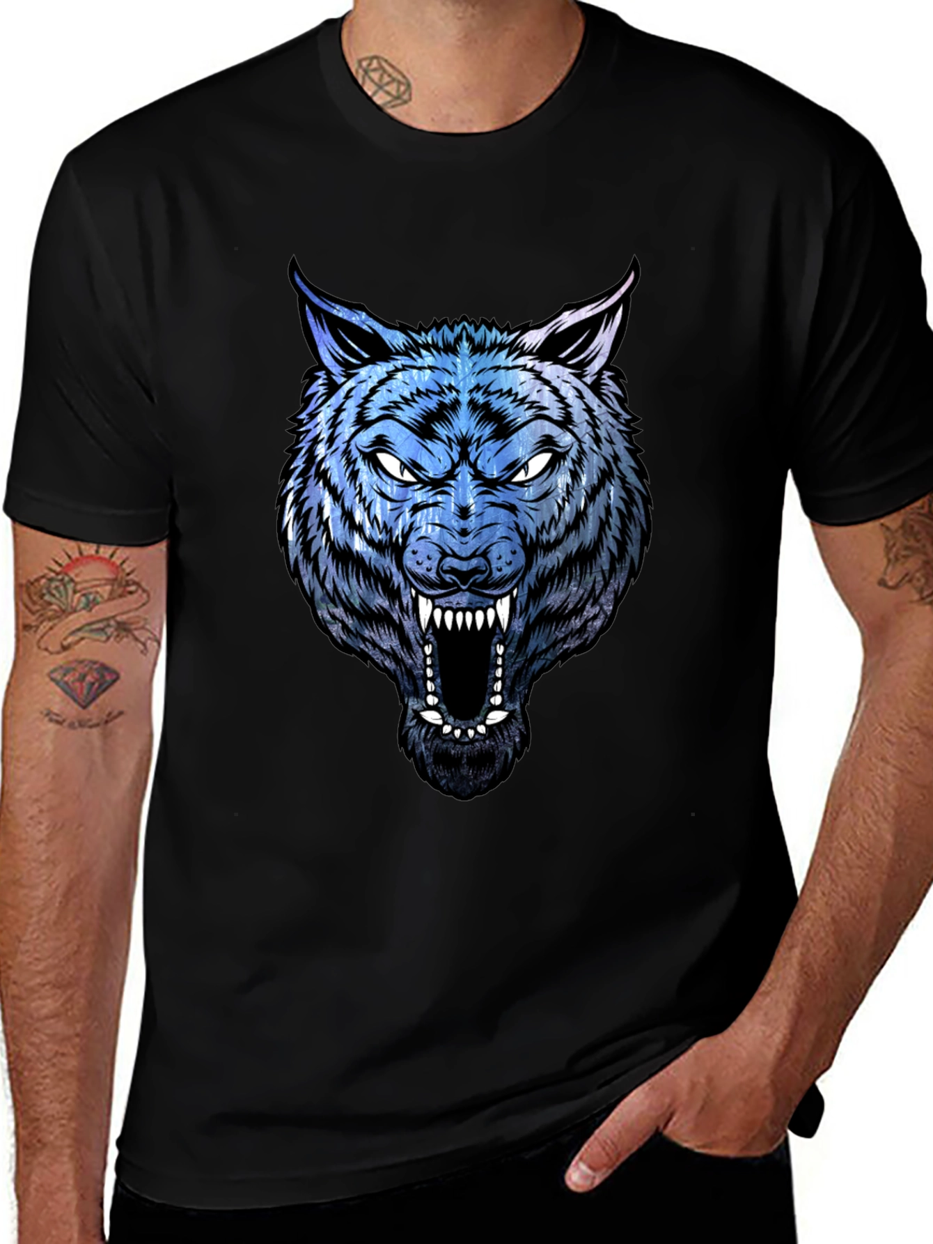 Mens Wolf Graphic Print Black T-Shirt