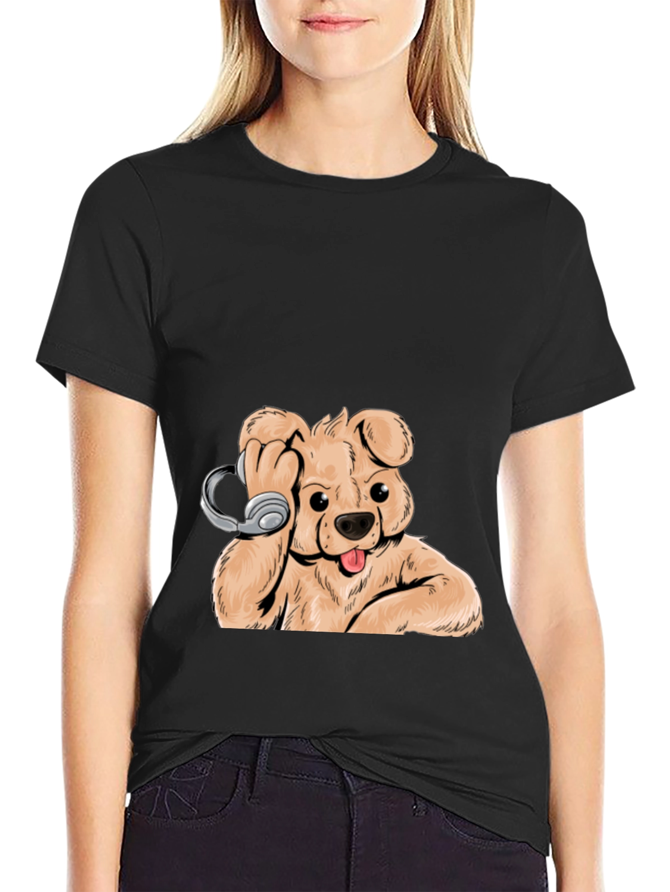 Dog with Headphones Graphic Tee - Cool Black T-Shirt