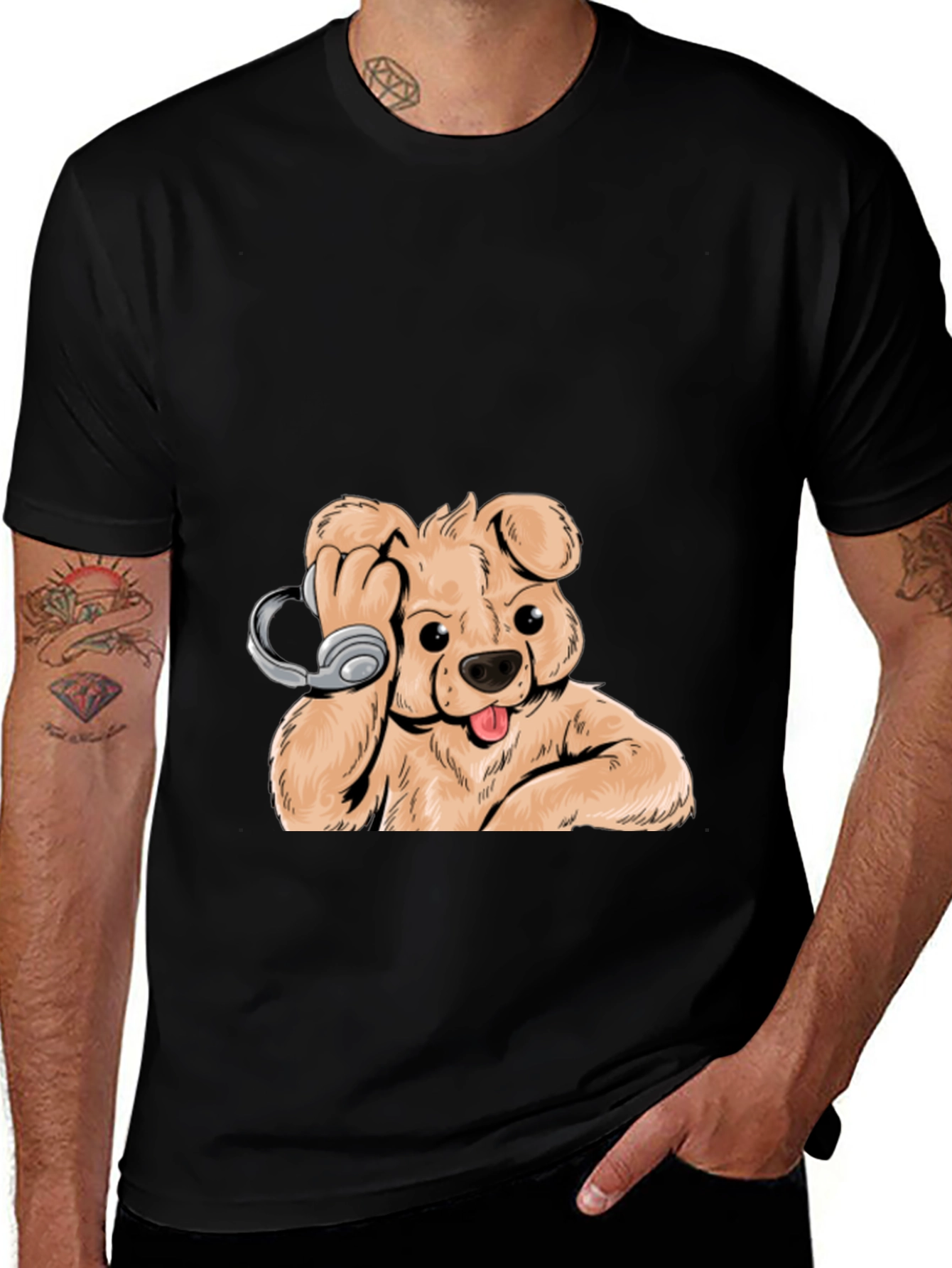 Dog with Headphones Graphic Tee - Cool Black T-Shirt