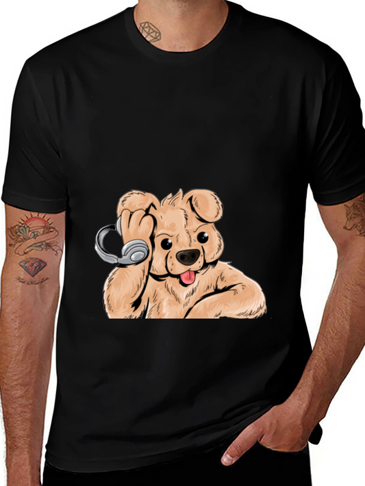 Dog with Headphones Graphic Tee - Cool Black T-Shirt
