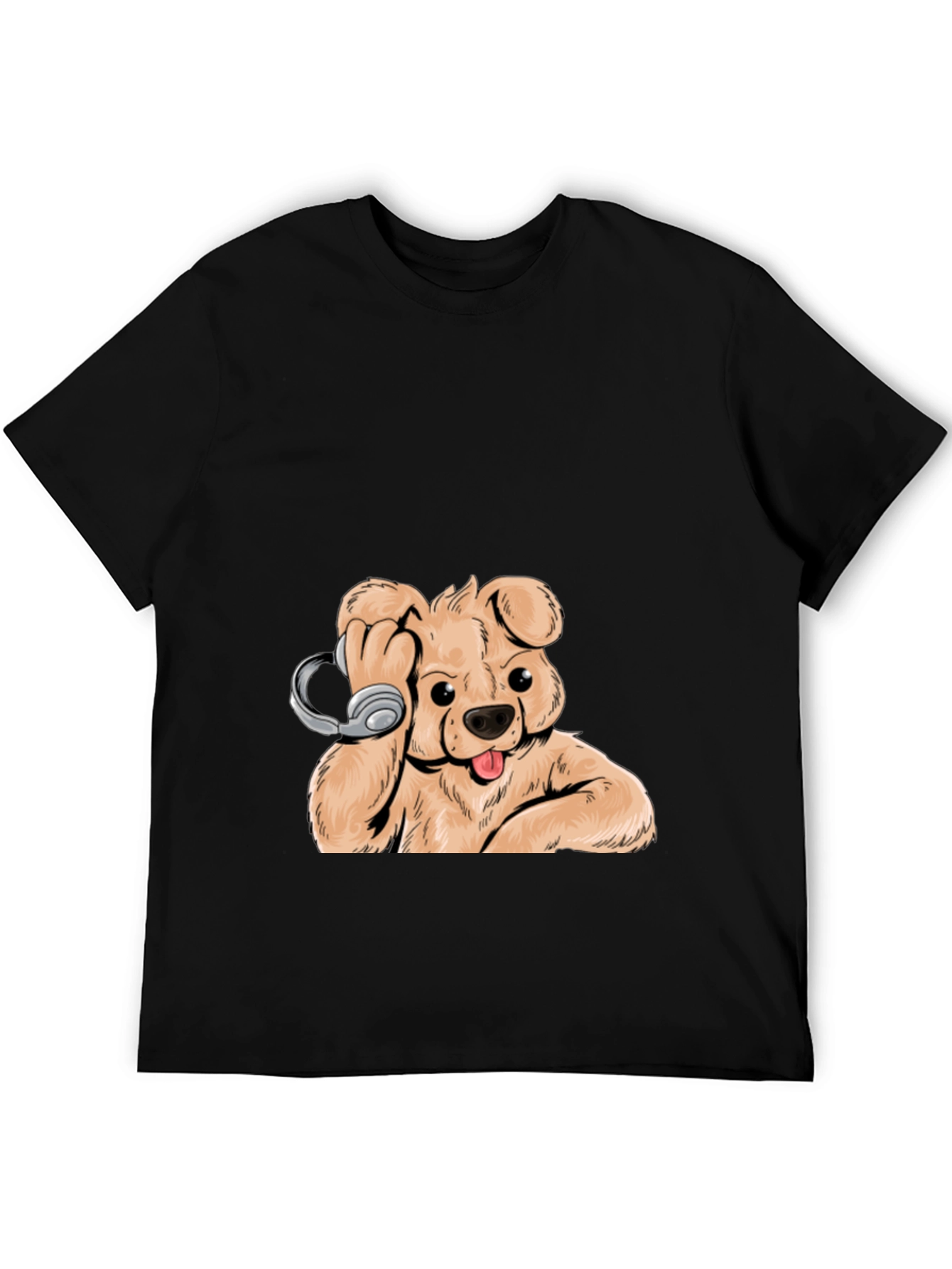 Dog with Headphones Graphic Tee - Cool Black T-Shirt