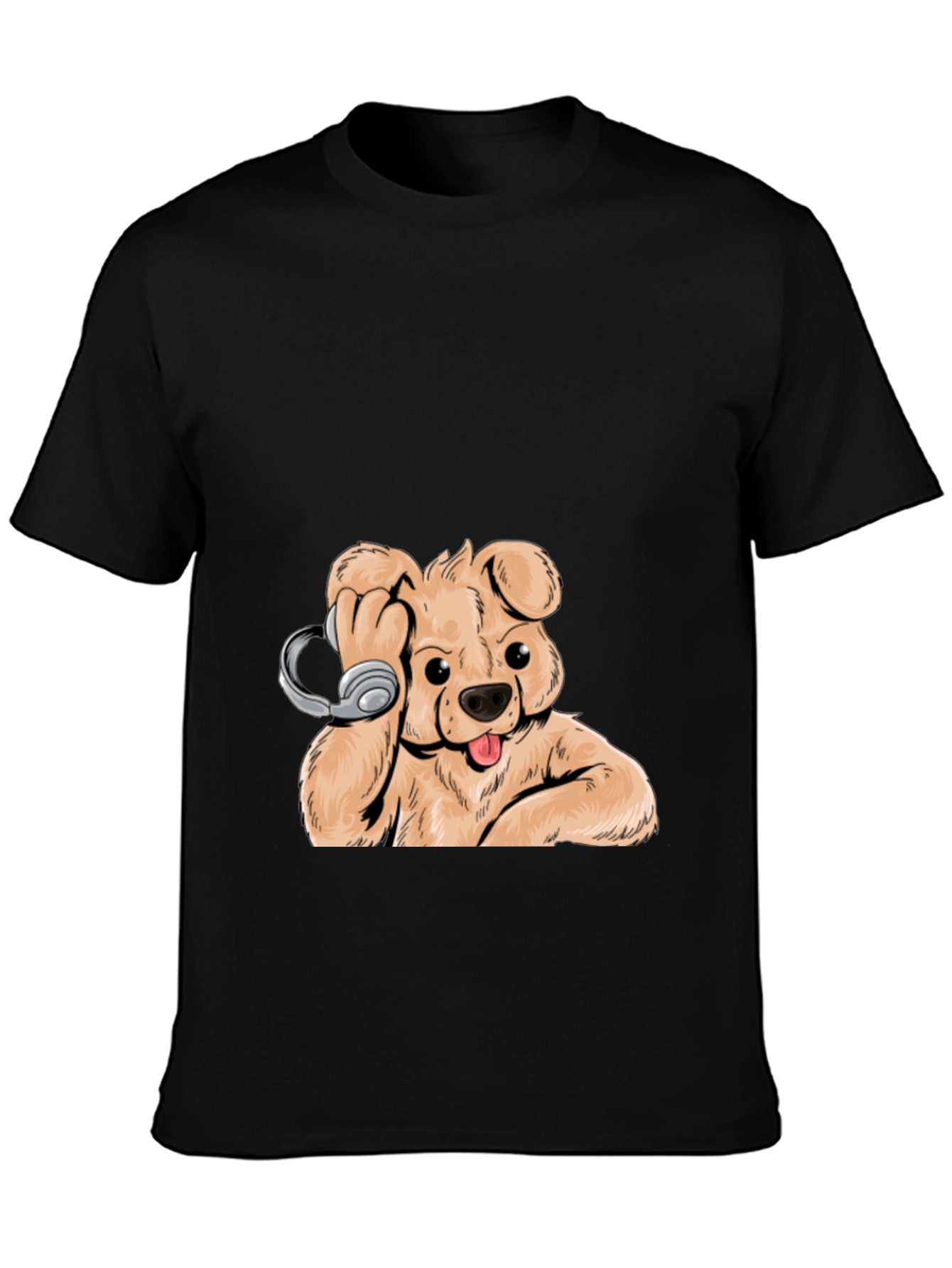 Dog with Headphones Graphic Tee - Cool Black T-Shirt