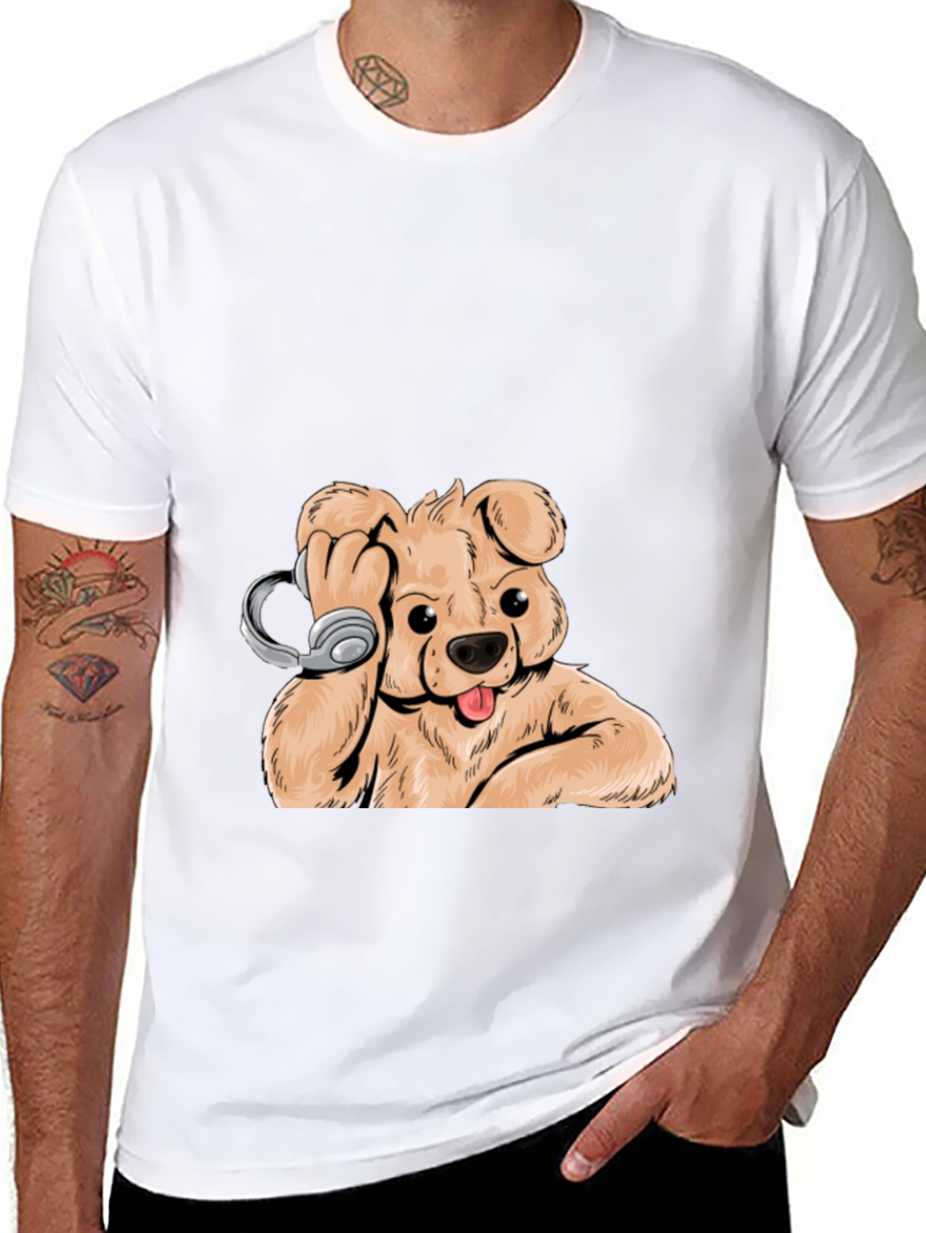 Dog with Headphones Graphic Tee - Cool Black T-Shirt