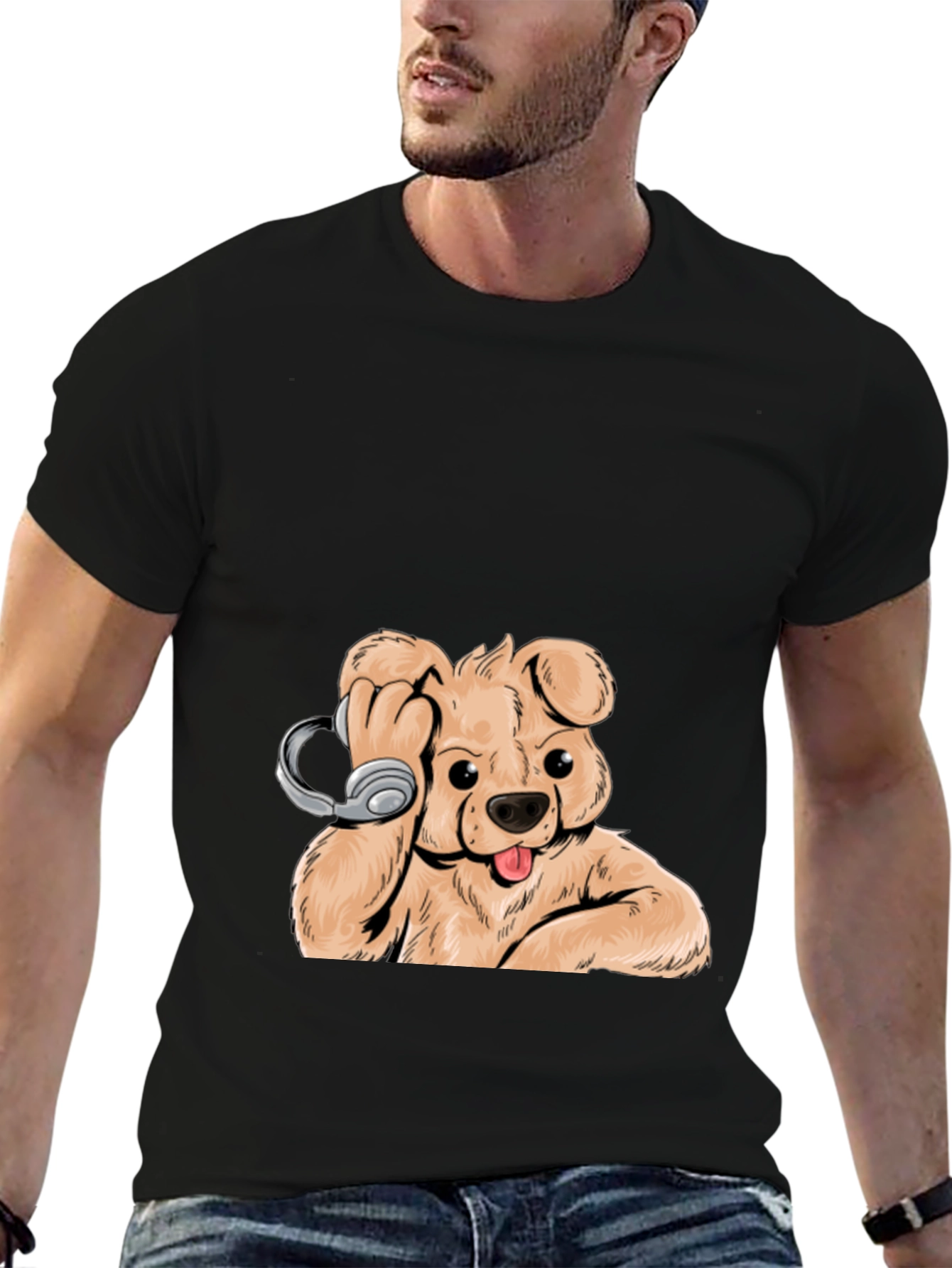 Dog with Headphones Graphic Tee - Cool Black T-Shirt