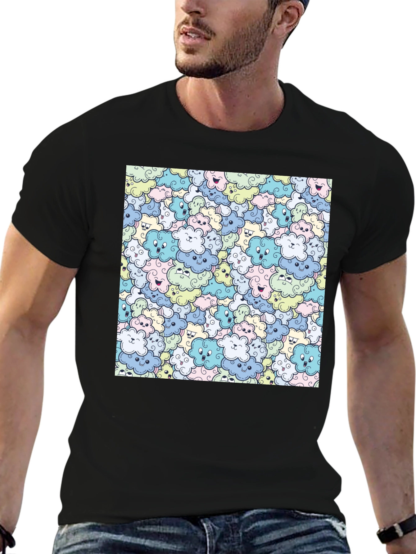 Cute Cartoon Cloud Pattern Black T-Shirt