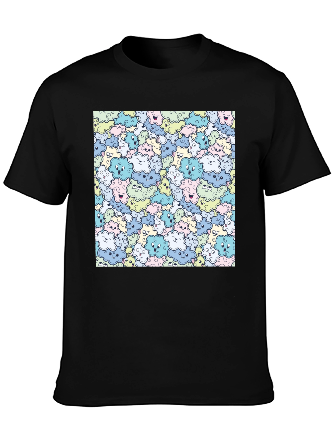 Cute Cartoon Cloud Pattern Black T-Shirt