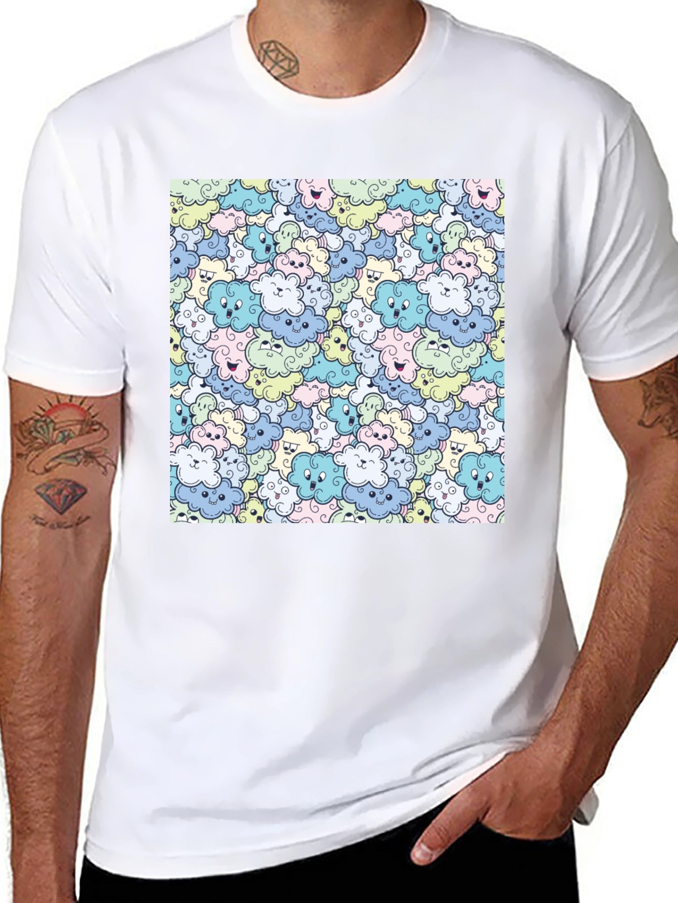 Cute Cartoon Cloud Pattern Black T-Shirt