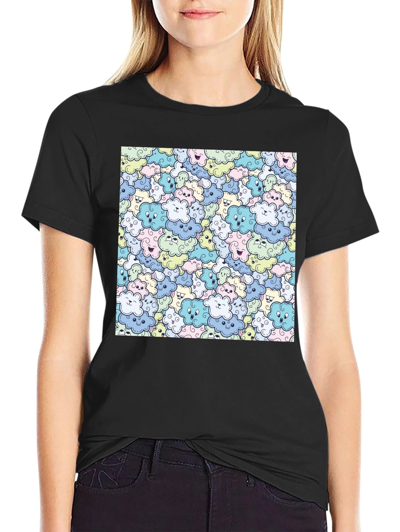 Cute Cartoon Cloud Pattern Black T-Shirt