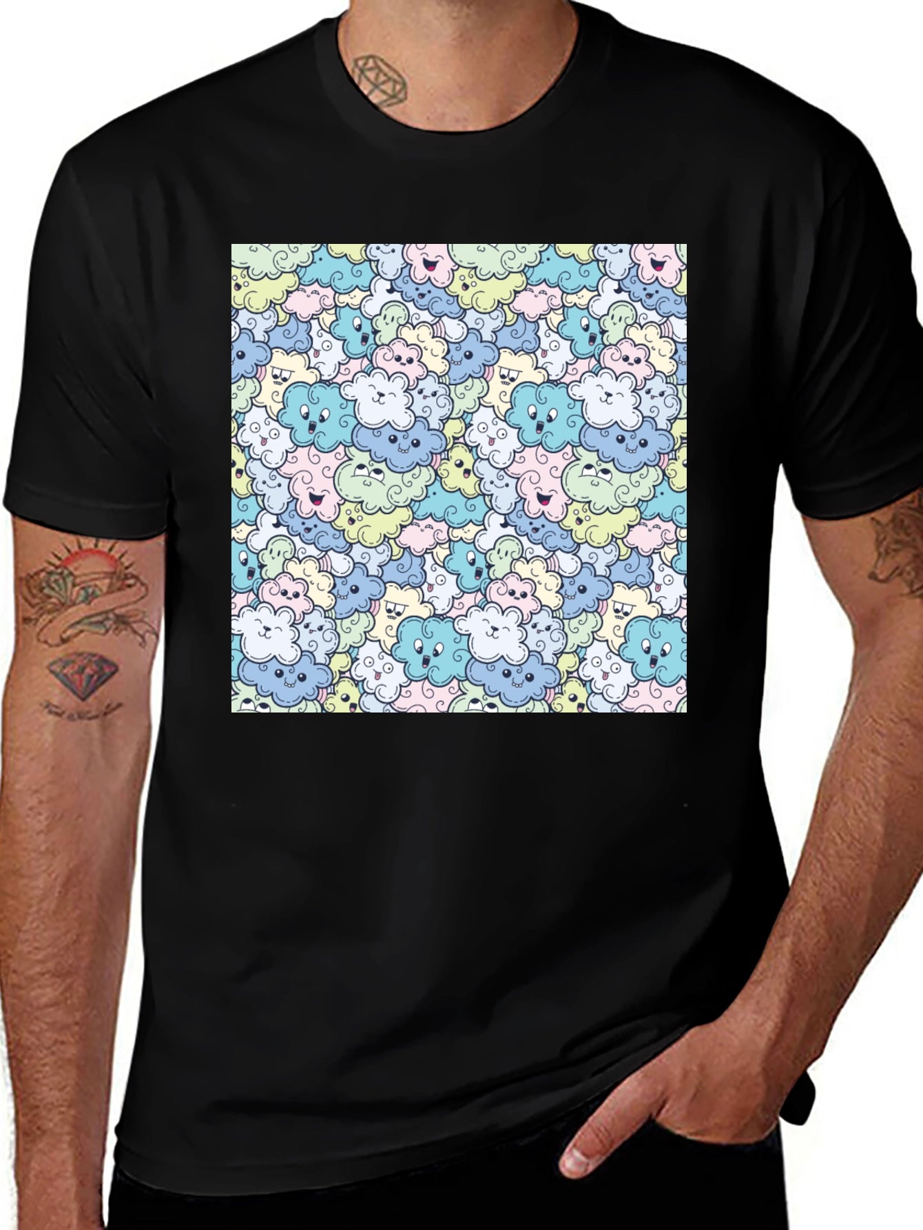 Cute Cartoon Cloud Pattern Black T-Shirt
