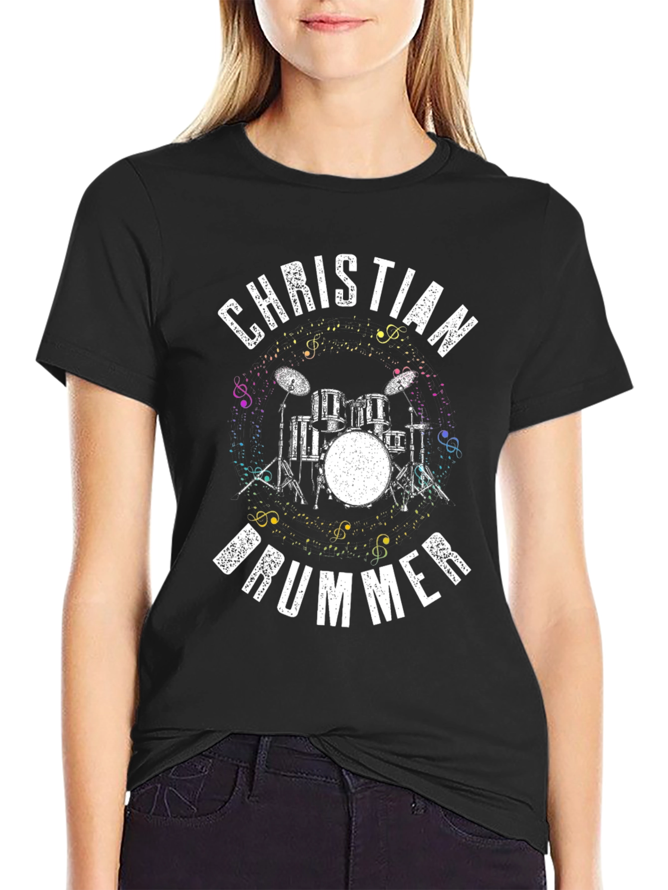 Christian Drummer T-Shirt Musical Notes Design