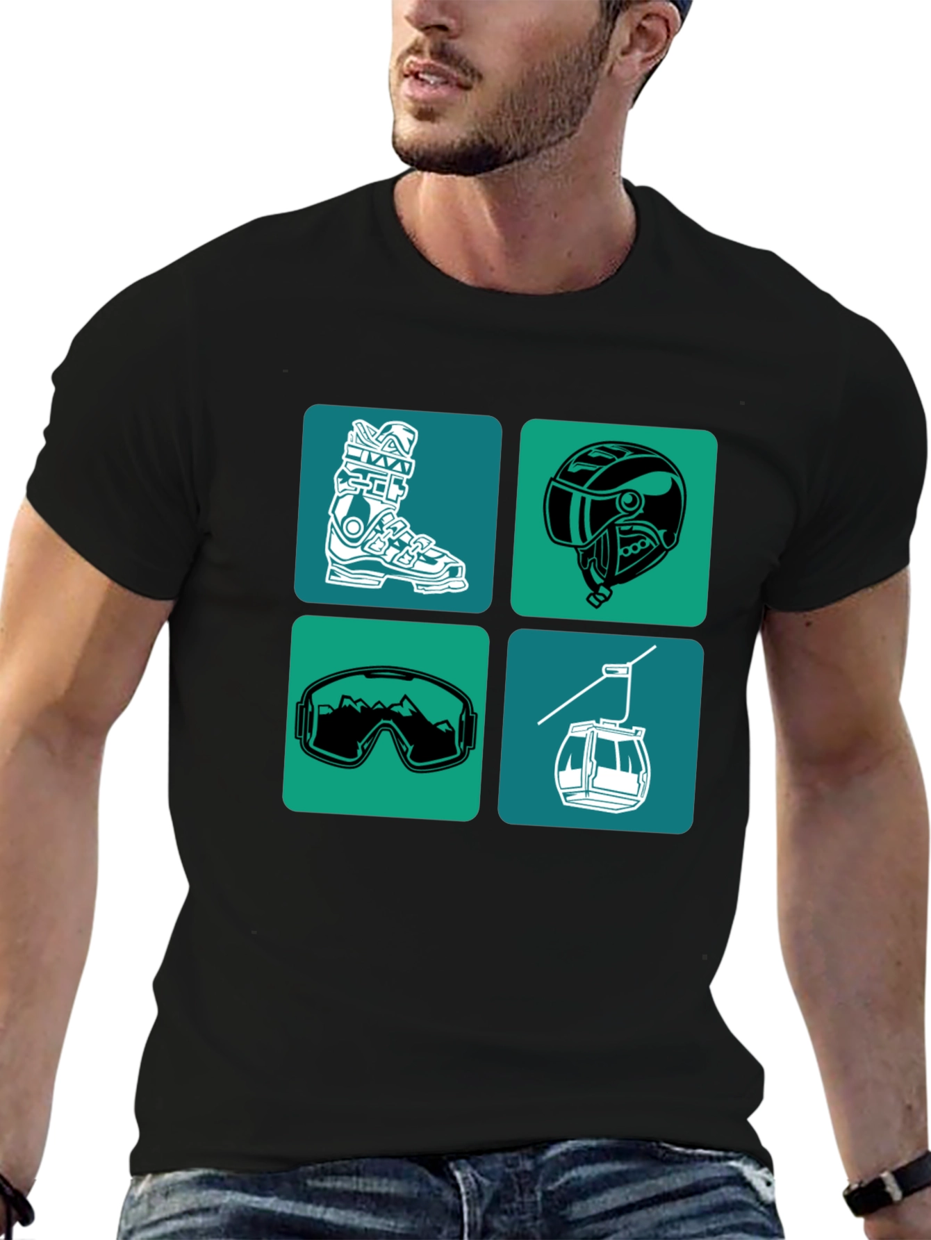 Skiing Essentials Graphic Tee - Black Cotton Blend