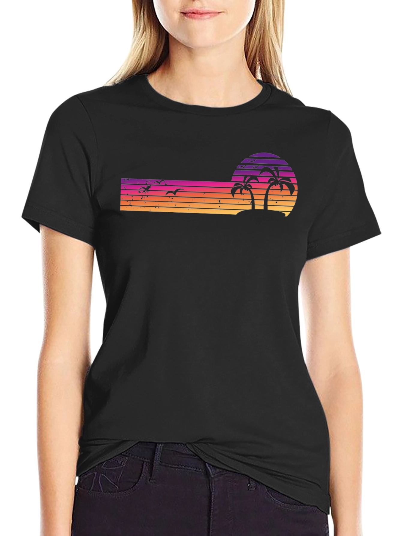 Retro Sunset Palm Tree T-Shirt - Black