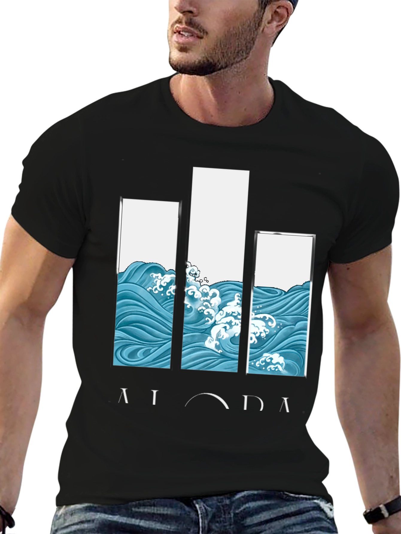 Aloha Wave Print Black Graphic Tee