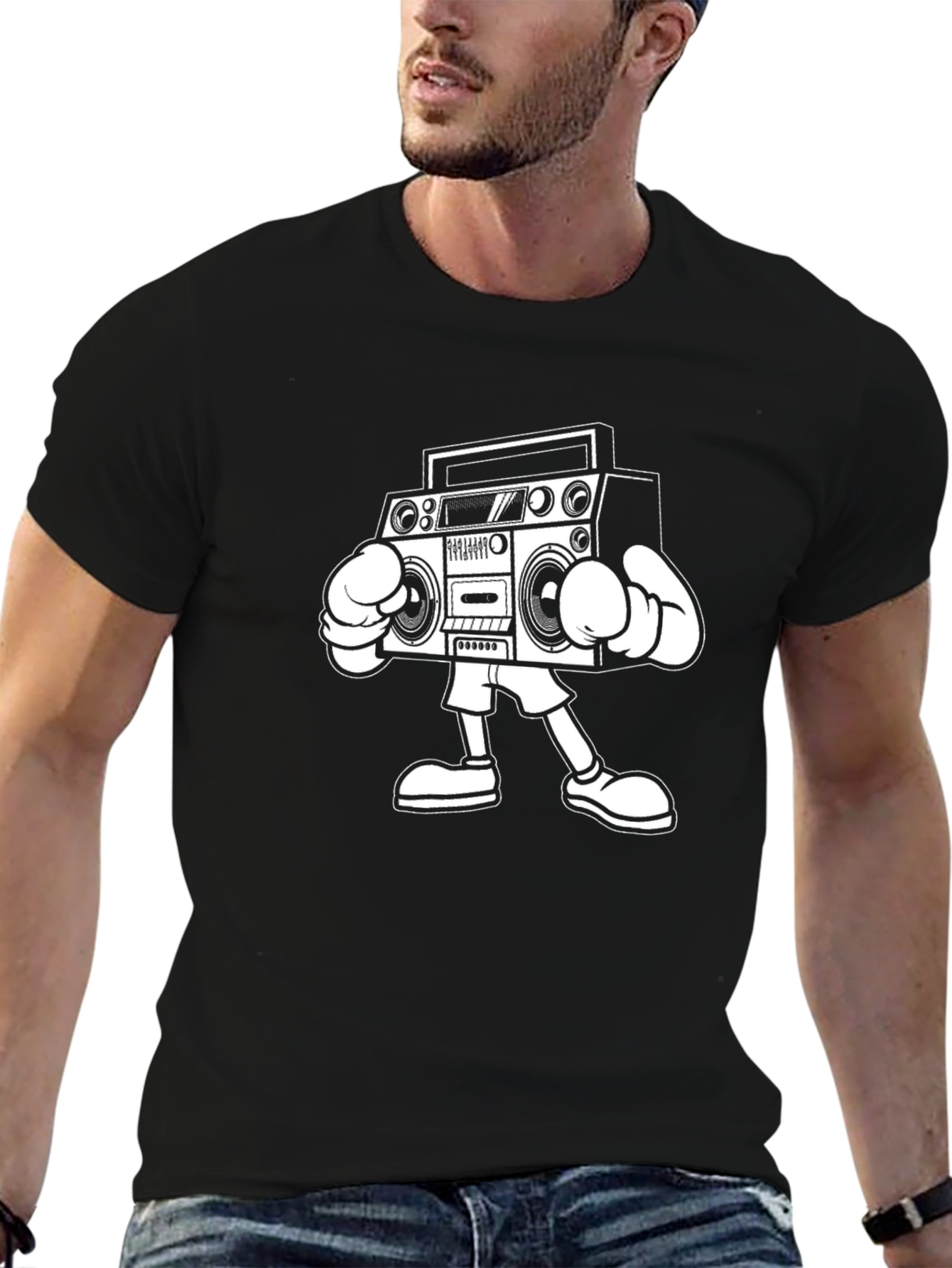 Black T-Shirt with Retro Boombox Graphic