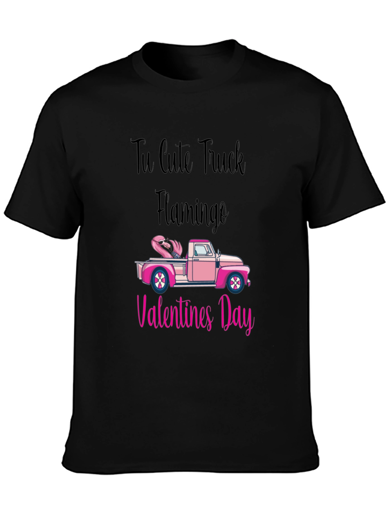 Cute Truck Flamingo Valentines Day Black T-Shirt