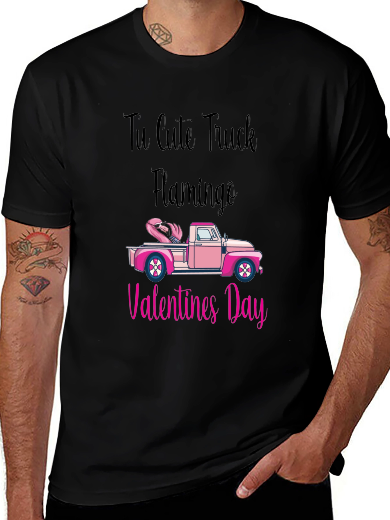Cute Truck Flamingo Valentines Day Black T-Shirt
