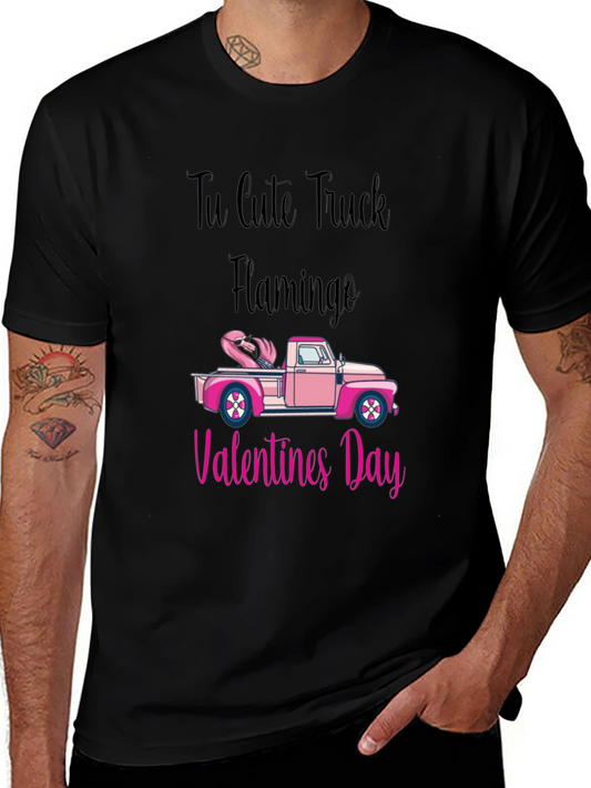 Cute Truck Flamingo Valentines Day Black T-Shirt