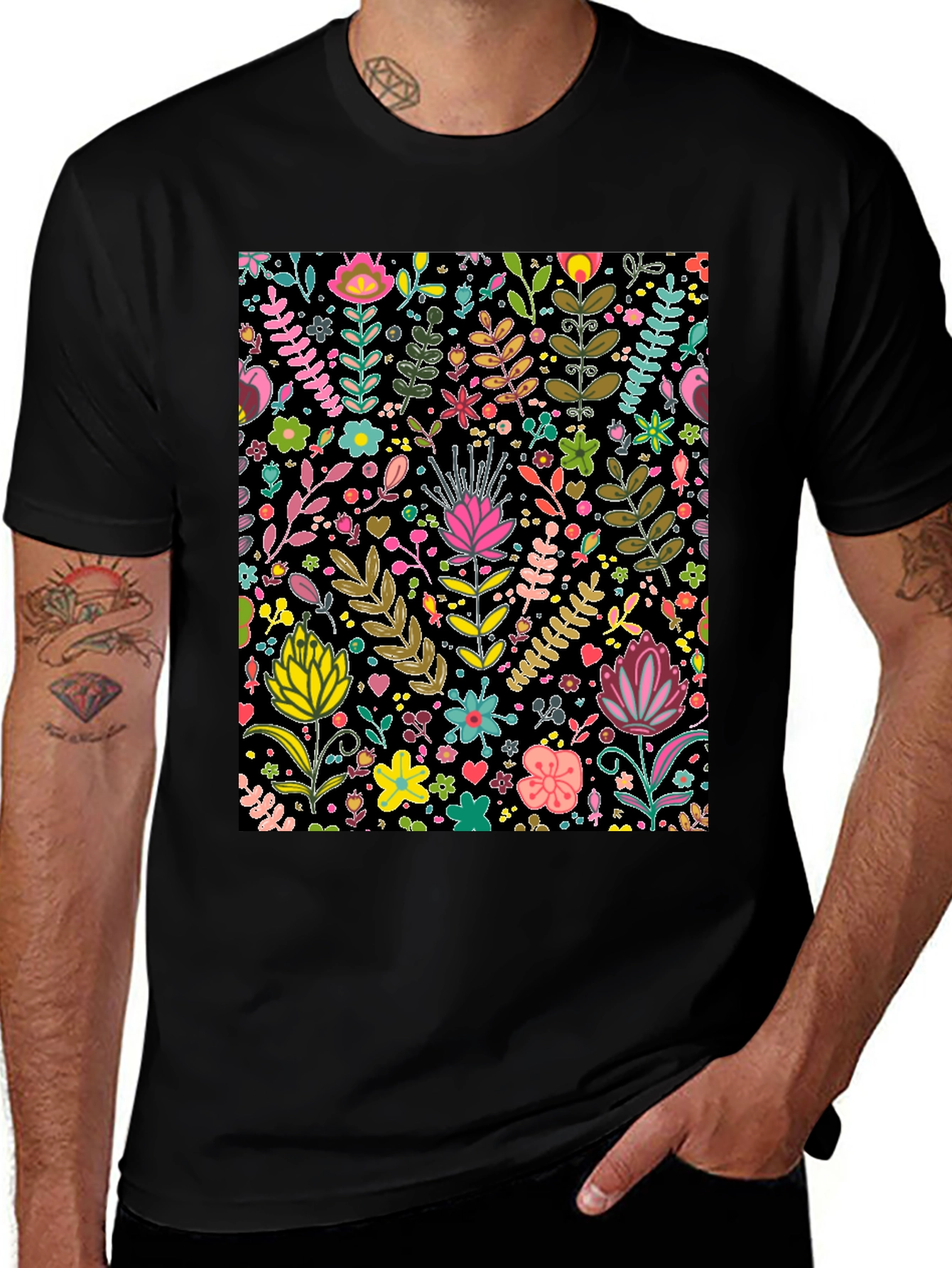 Floral Patterned Black T-Shirt