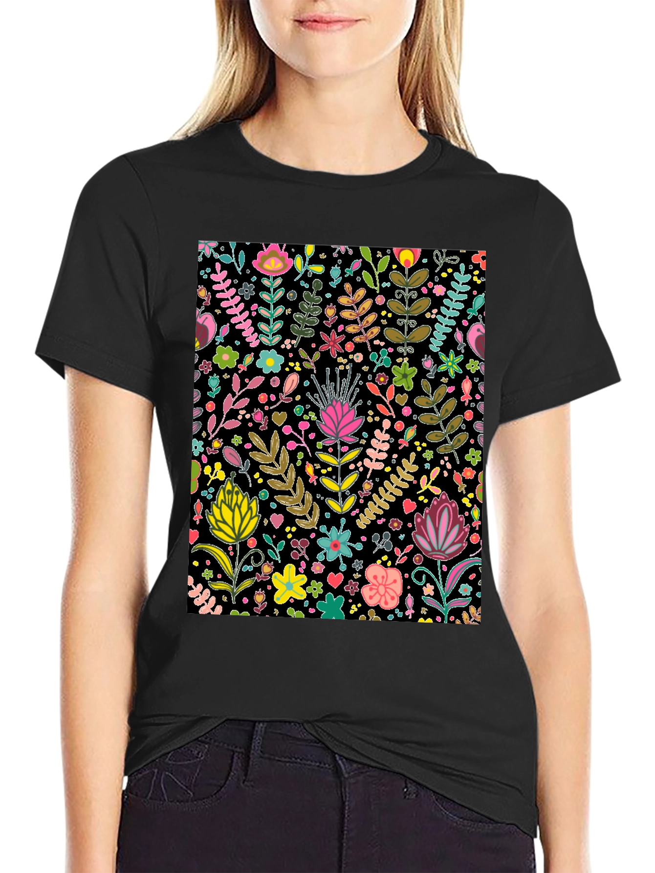 Floral Patterned Black T-Shirt