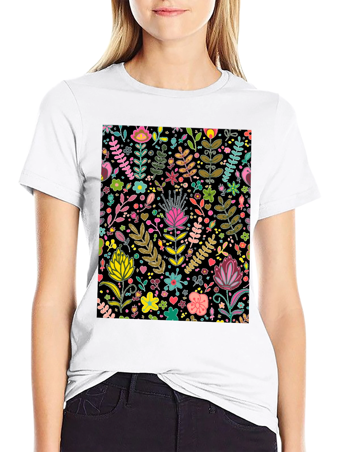 Floral Patterned Black T-Shirt