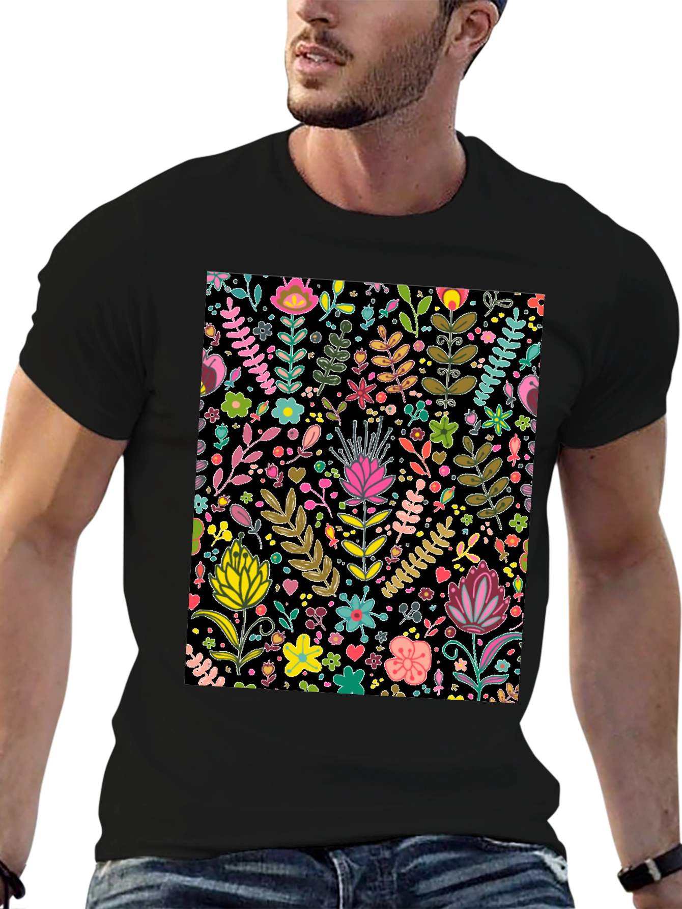 Floral Patterned Black T-Shirt