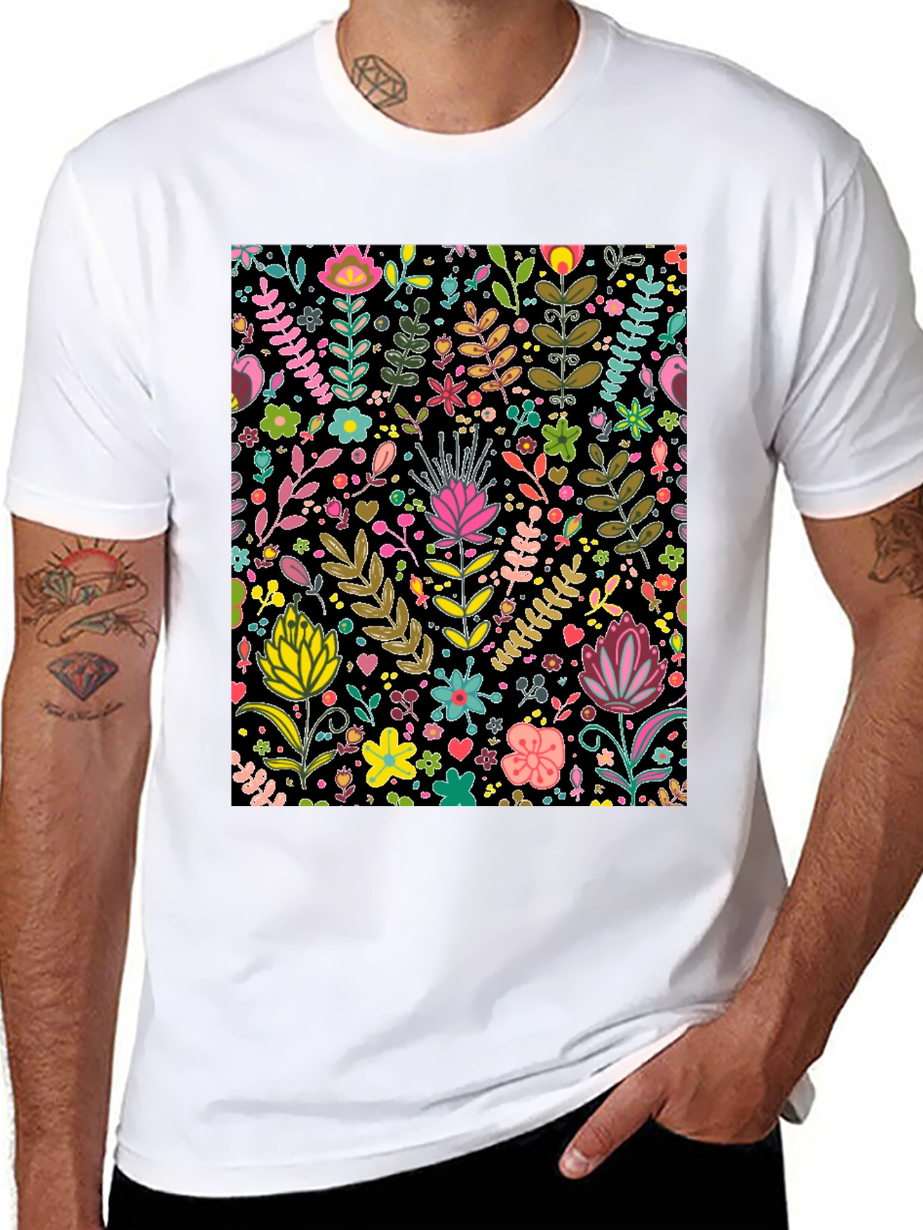 Floral Patterned Black T-Shirt