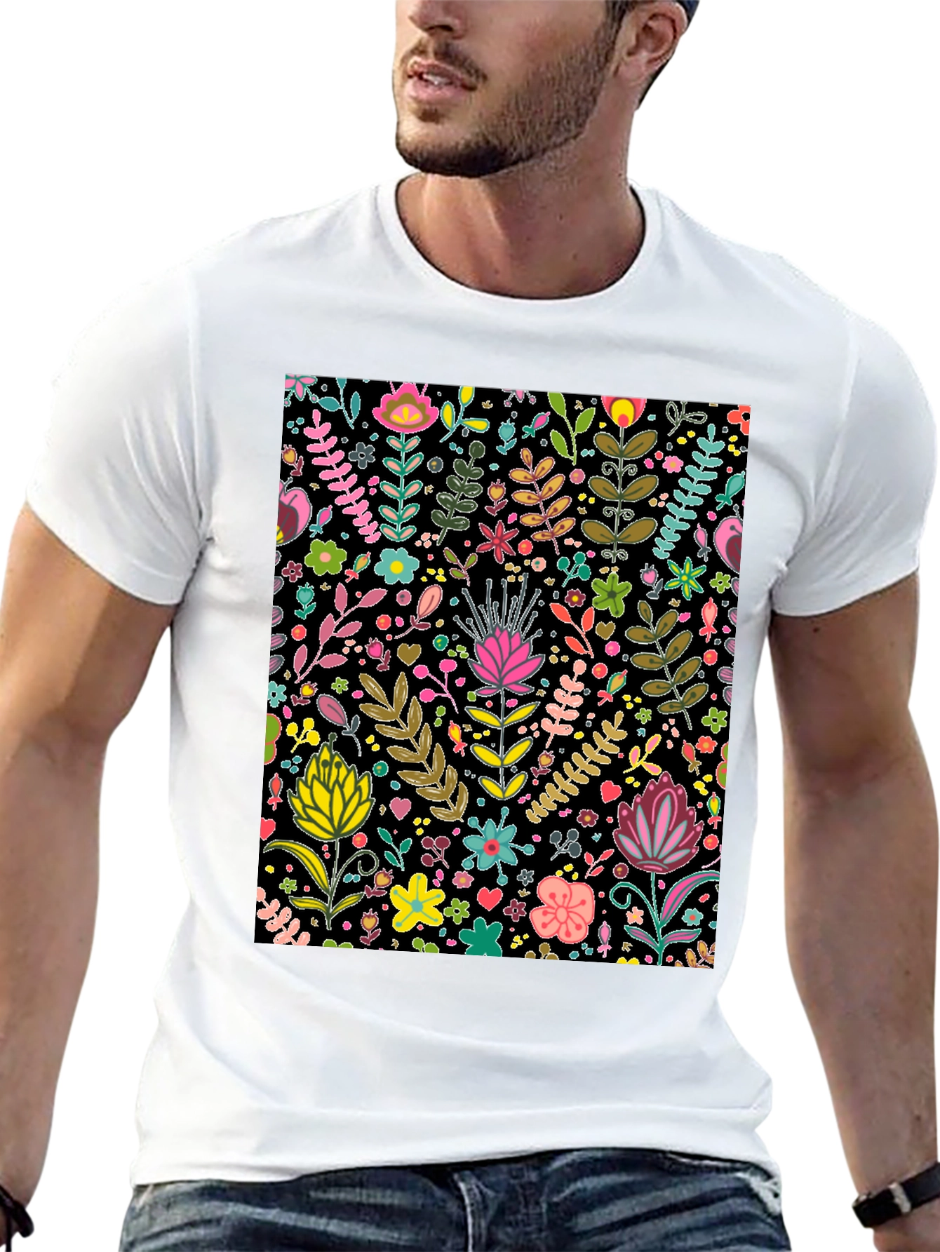 Floral Patterned Black T-Shirt