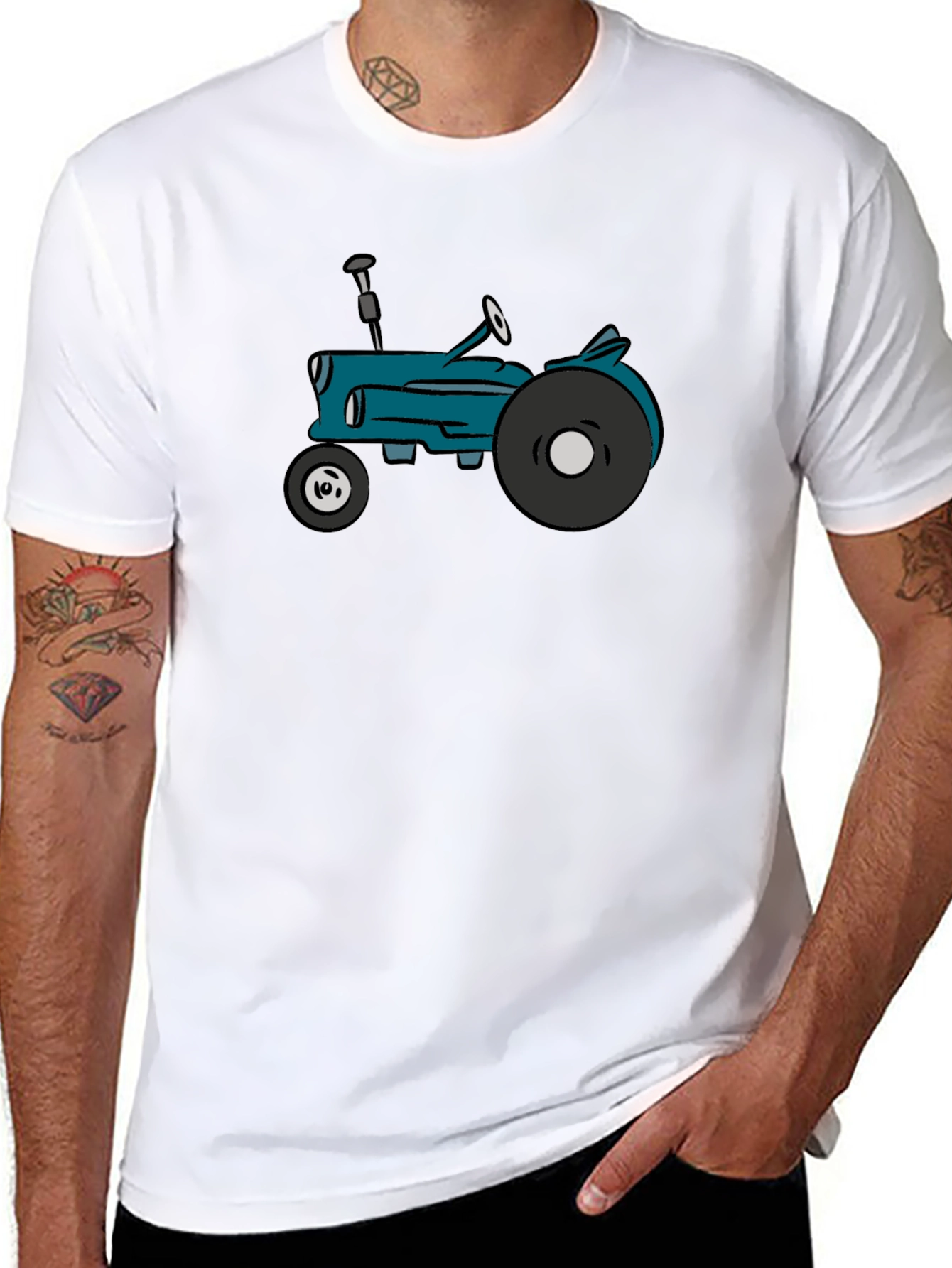 Cartoon Tractor Graphic Tee - Black Cotton T-Shirt