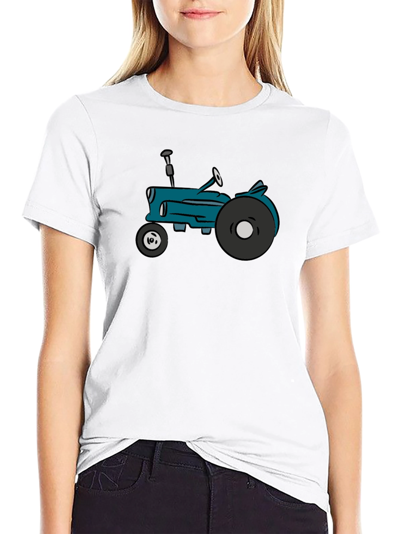 Cartoon Tractor Graphic Tee - Black Cotton T-Shirt