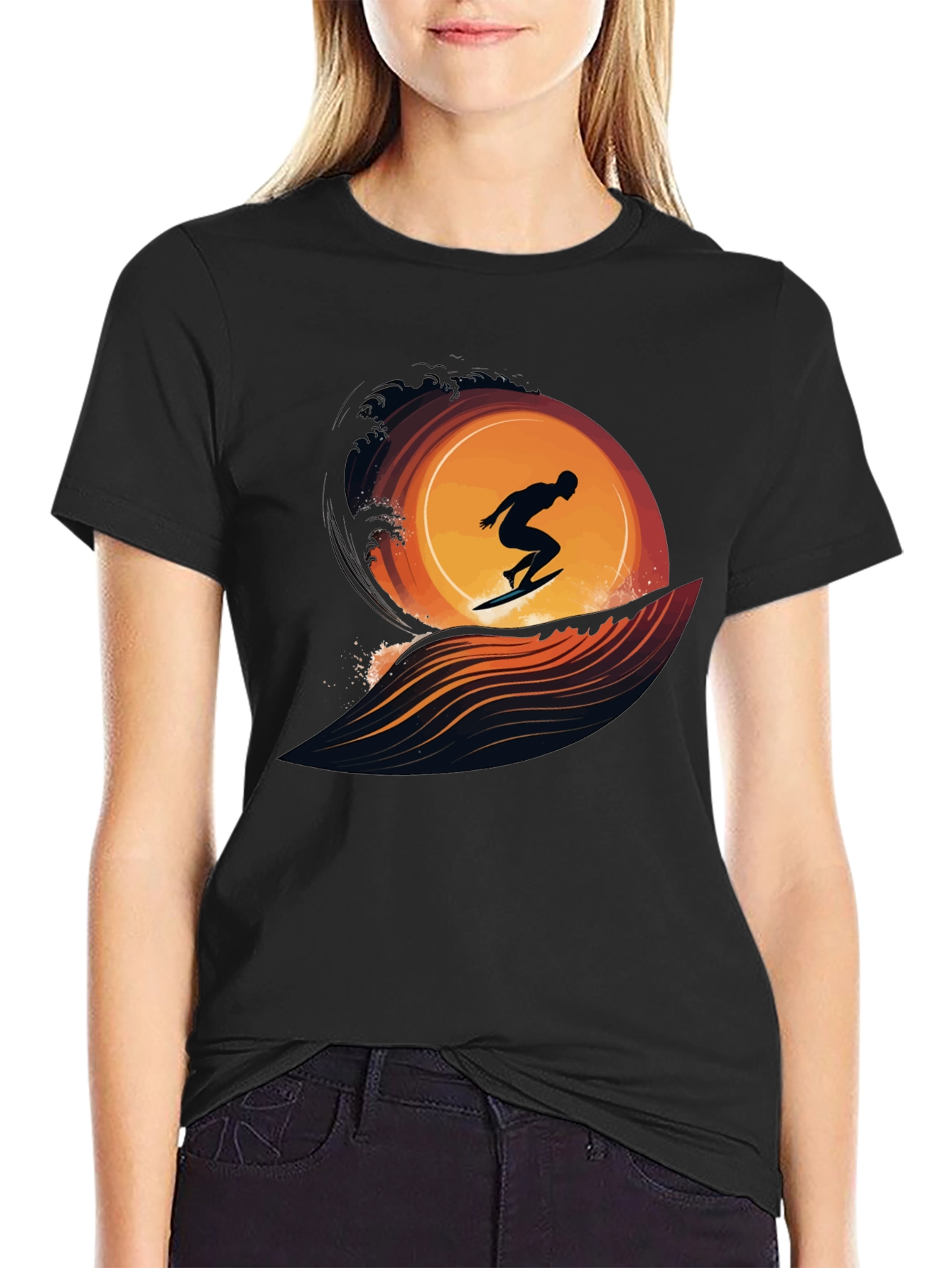 Surfing Silhouette Graphic Tee - Black