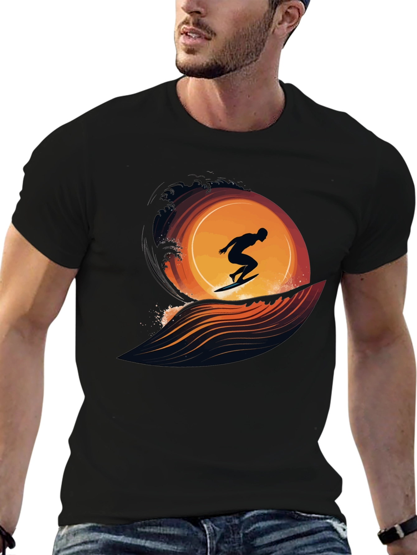 Surfing Silhouette Graphic Tee - Black